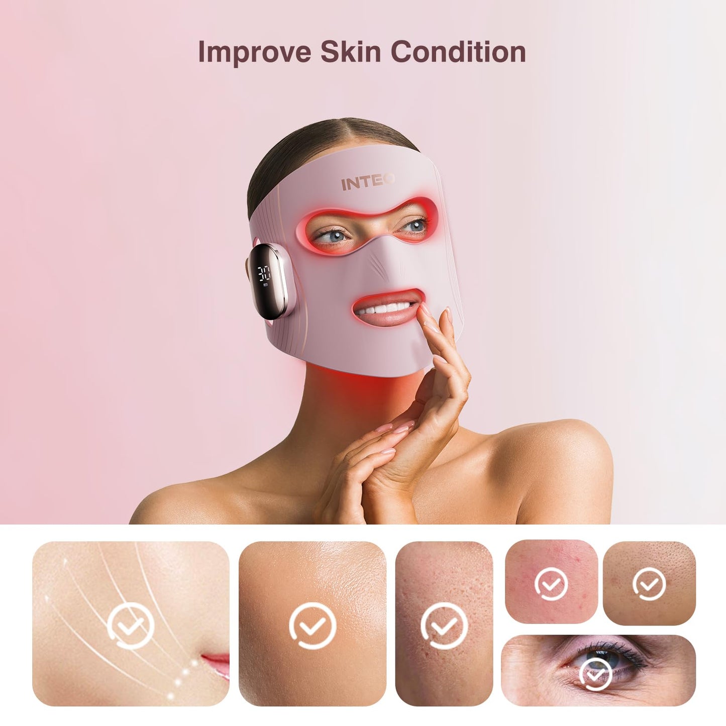 INTEO Red Light Therapy for Face 4 Modes, Breathable Red Light Therapy Mask with 4 Color Light Modes, 850NM Infrared LED Face Mask Light Therapy with Timer, Portable Led Mask for Home & Travel