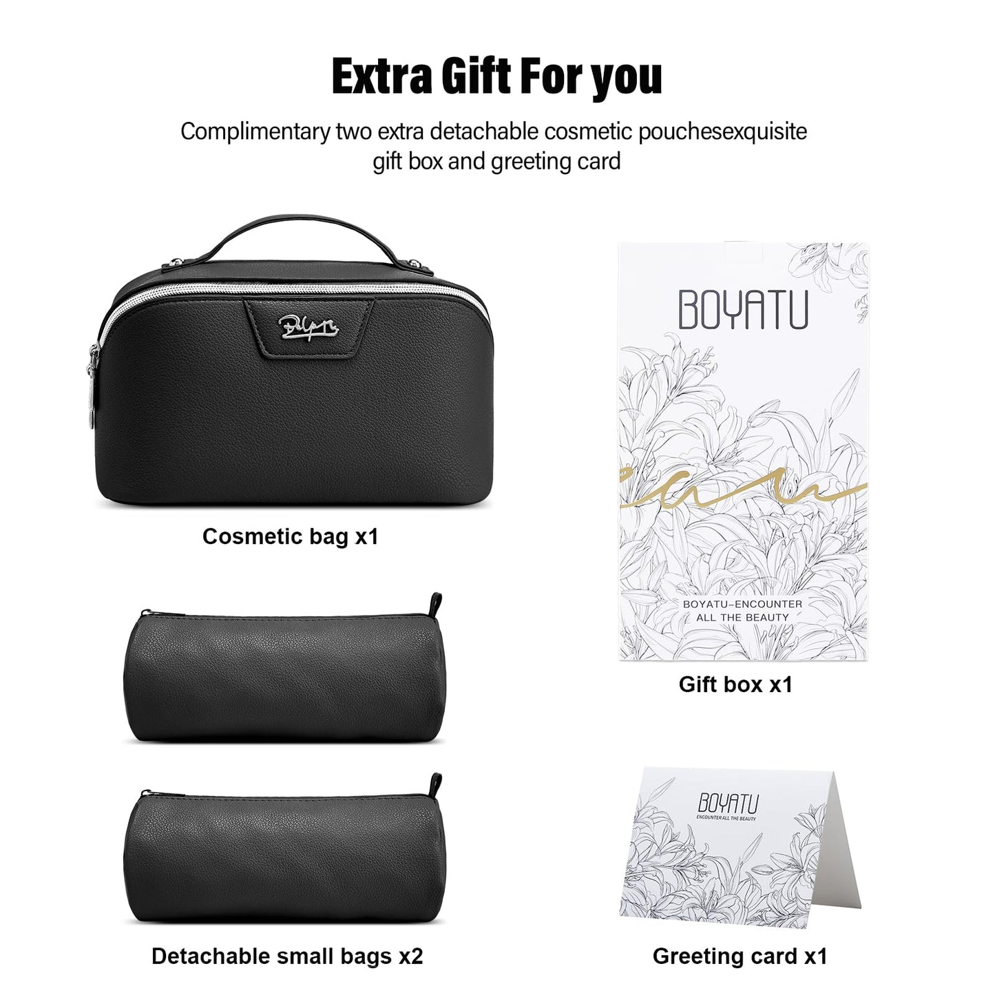 BOYATU Travel Makeup Bag Cosmetic Bags for Women: Large Capacity 3 Pcs Set Make up Bag with Compartments - Waterproof Vegan Leather Toiletry Organizer Bags with Handle (L26Black)