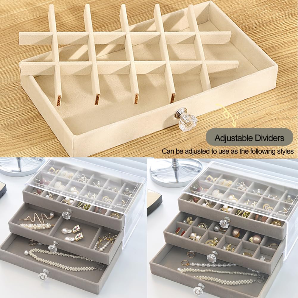 SPAKOWN Earring Box Holder Organizer Display Case, Clear Velvet Jewelry Storage Tray Organizer for Earring Ring Stud (Grey - 3 Drawers)