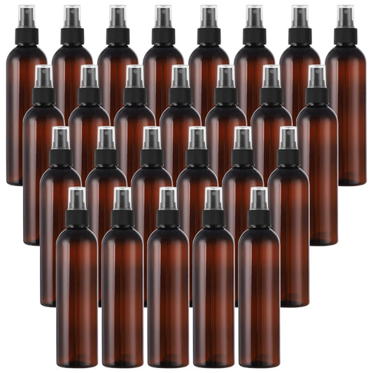 32 Pcs Plastic Amber Spray Bottles 8 oz - Small Fine Mist Cleaning Bottles, Empty Refillable Atomizer Containers, Portable Leak-proof Travel Dispenser Bottles for Essential Oils, Perfume Products