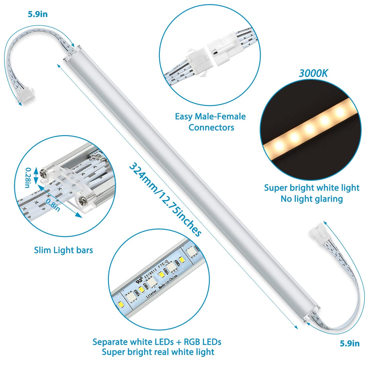 Litever Under Cabinet LED Lighting Kit. RGB Color & Bright Warm White Light. Slim Linkable LED Light Bars with Power Adapter, Controller, Extension Cords. Max 24W. Dimmable. Plug in. RGB + 3000K.