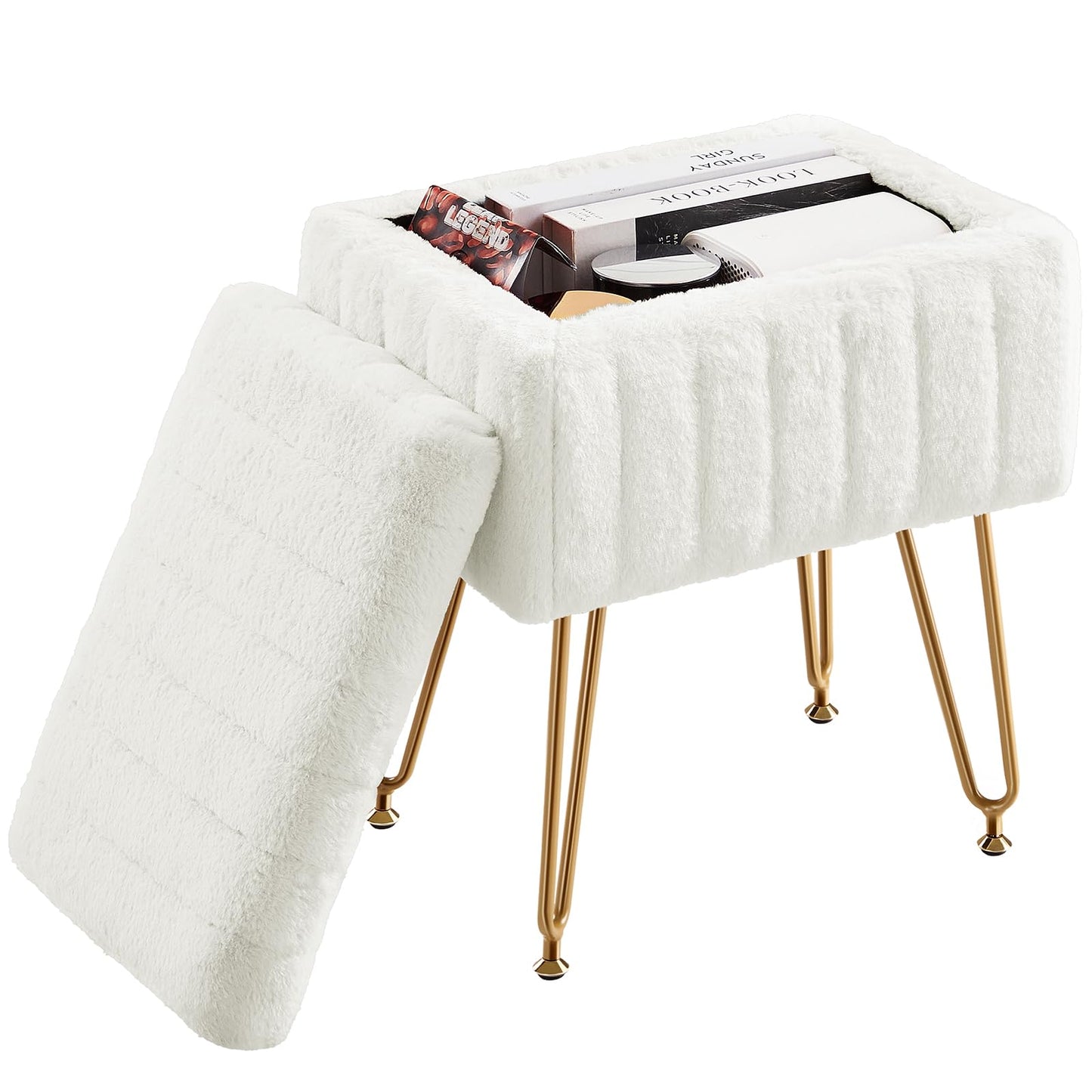 NEWBULIG Vanity Stool Chair with Storage – Faux Fur Padded Makeup Ottoman, Modern Foot Rest Chair for Bedroom, 15.7" L x 11.8" W x 19.4" H, 4 Metal Legs with Anti-Slip Feet, White