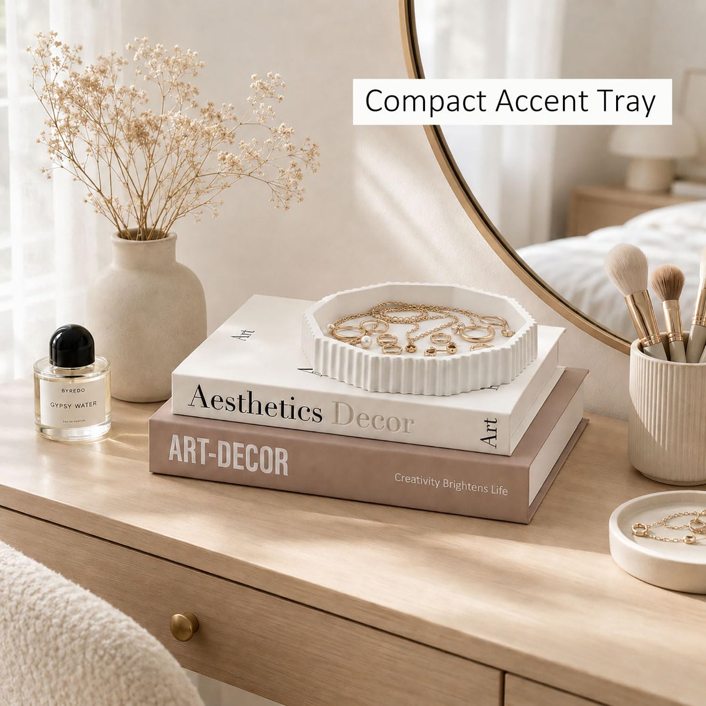 Decorative Concrete Tray & Linen Faux Book Box Set, Scalloped Coffee Table Tray with Hidden Storage, Beige Modern Home Decor for Bookshelf, Entryway, Vanity, Living Room & Housewarming Gift