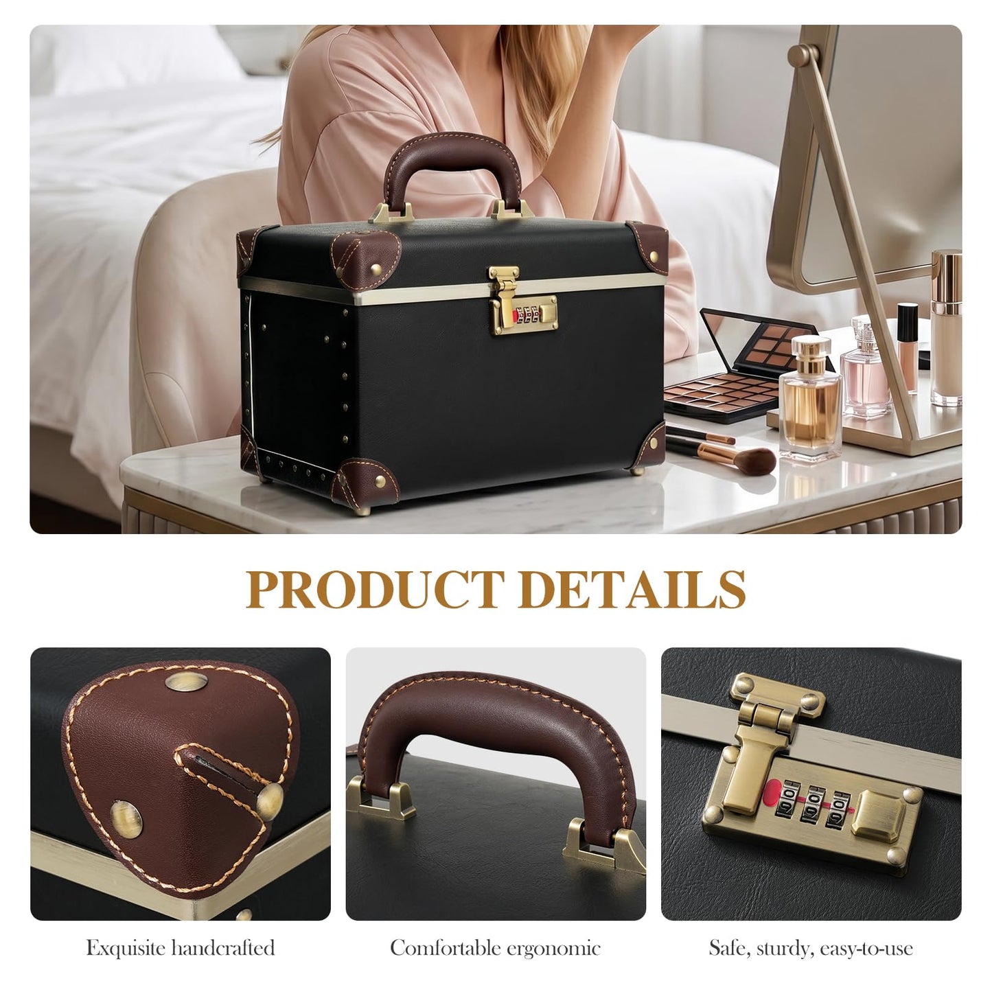 urecity Vintage Artificial Leather Makeup Train Case, Professional Cosmetic Organizer with Metal Combination Lock, Retro Style Storage Box, Black/Brown, Medium (Length: 12.5")