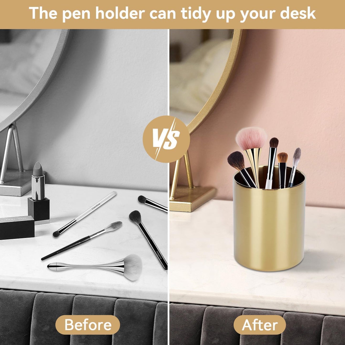 Beufee Pencil Holder, Pen Holder Makeup Brush Holder Gold Pen Pencil Holder Pencil Cup Holder Desk Organizer Table Vases Flower Pot Stainless Steel Makeup Brush Holder For Office Home Gold