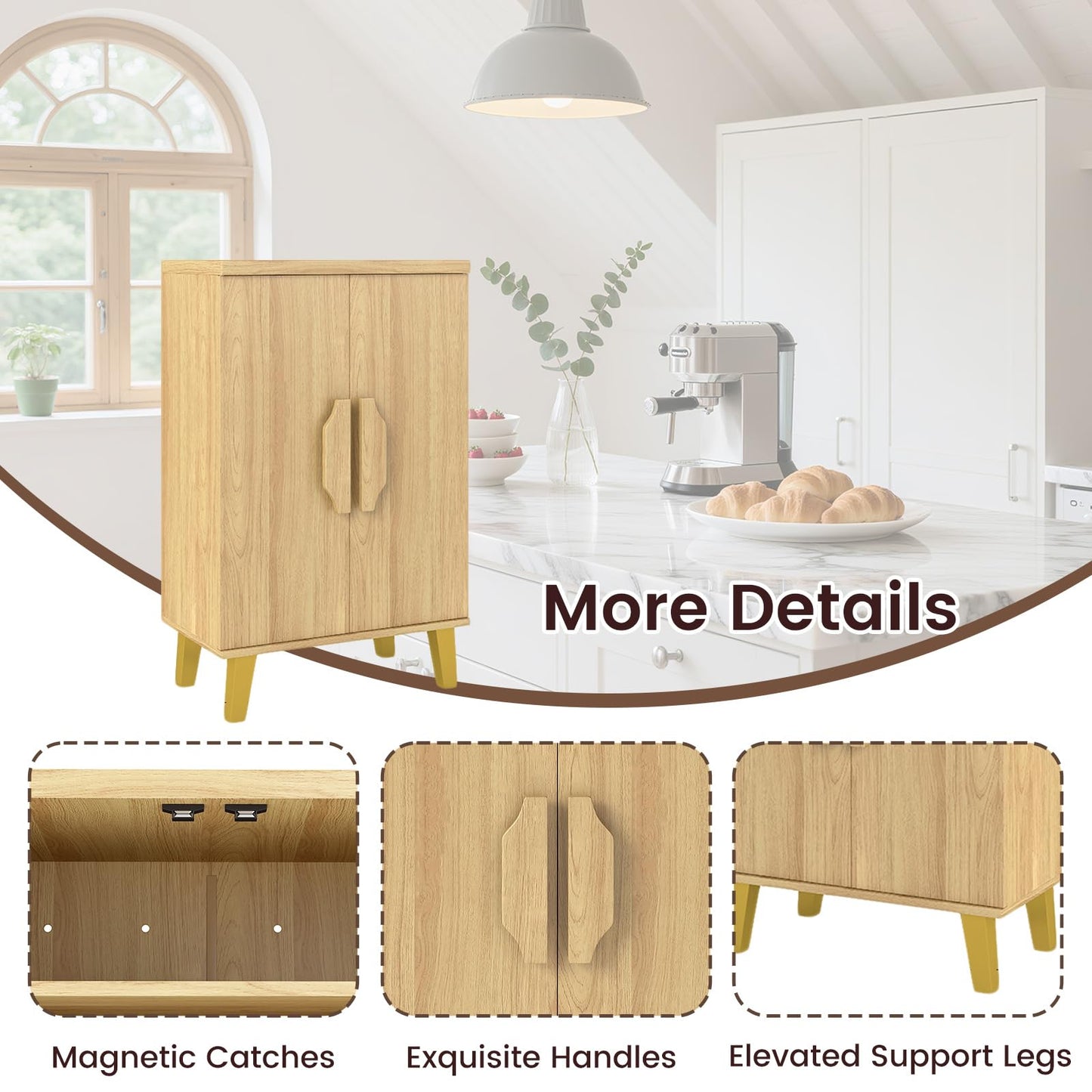 LOKO 2-Door Buffet Cabinet, Modern Storage Cabinet with 3 Detachable Shelves, Exquisite Handles, Raised Legs, Freestanding Sideboard for Kitchen, Pantry, Dining Room, Living Room, Natural