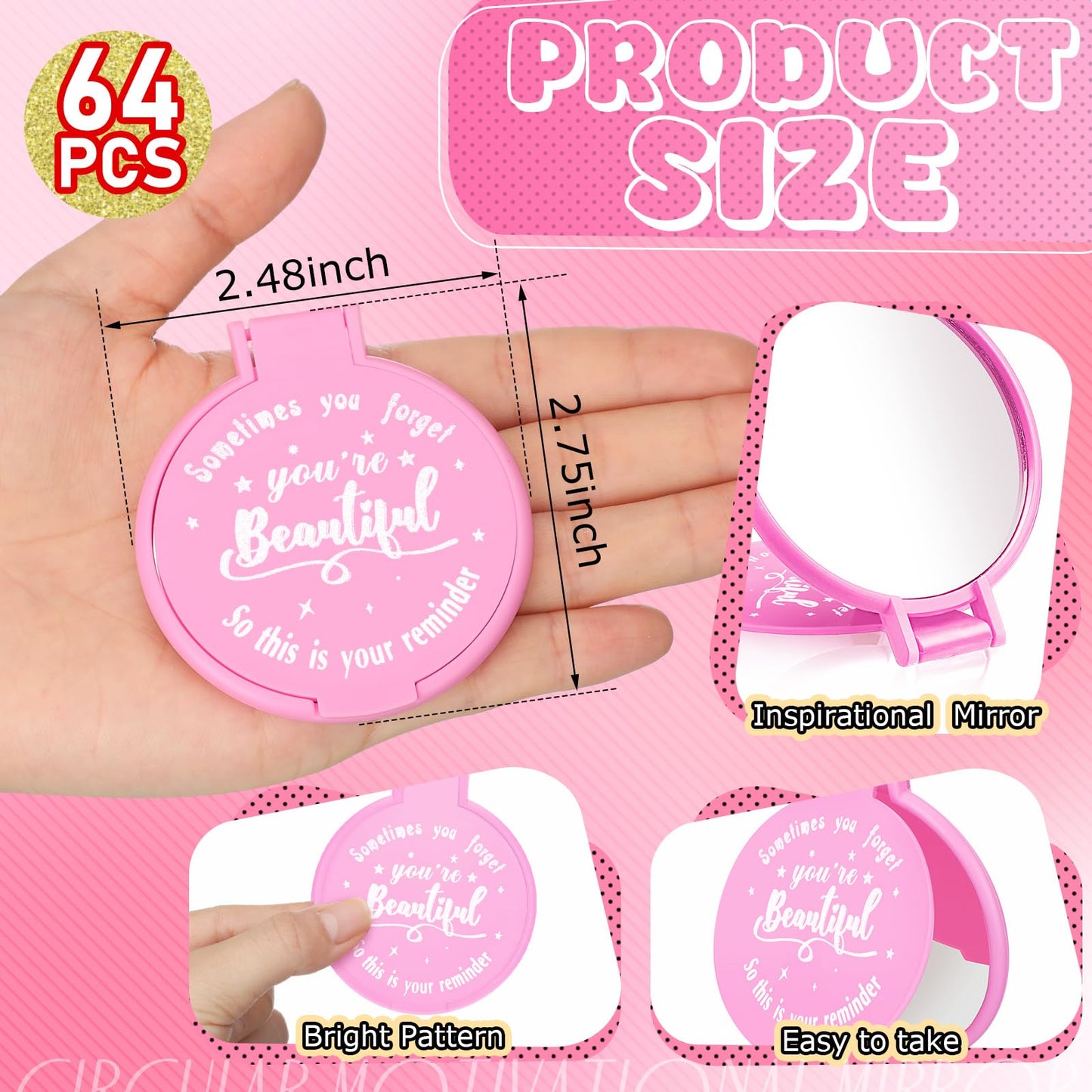 Wenqik 64 Pcs Inspirational Mini Compact Mirrors Bulk, Women Small Gifts Bulk, Group Team Party Favors, Mini Pocket Purse Mirror for Travel, Client, Guest, Wedding, Birthday, Cheerleader (Pink)