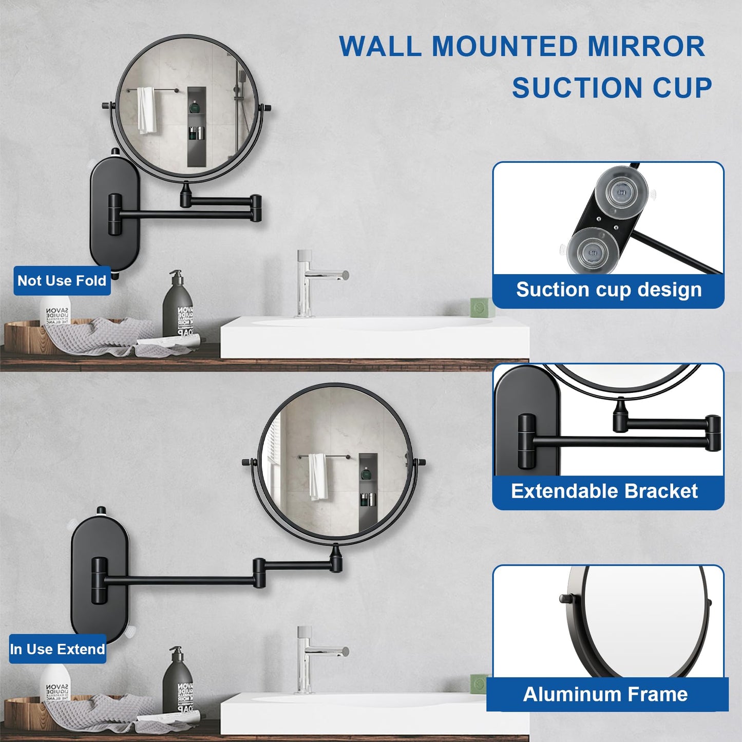 8“ Suction Cup Makeup Mirror Wall Mounted No Drilling, 1X/10X Magnifying Mirror Wall Mounted Makeup Mirror Swing Arm 360° Rotation, Wall Mount Powerful Suction Cup for Bathroom & Shaving Black