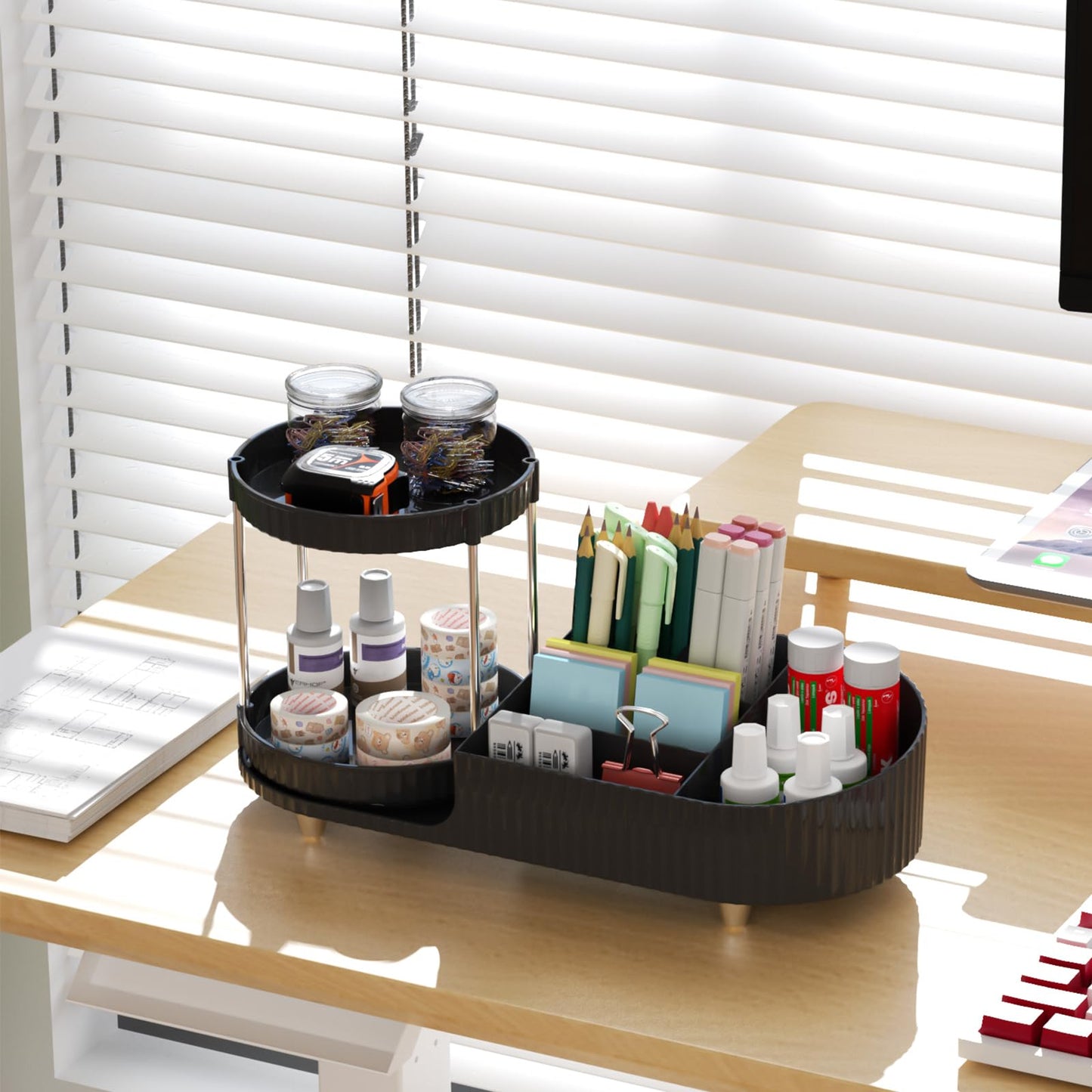 Makeup Organizer Countertop for Vanity with 360 Rotating Perfume Trays, 7-Compartment Skincare Organizers and Make Up Desk Storage, Cosmetic Organizer with Brush Holder for Bedroom Bathroom Counter