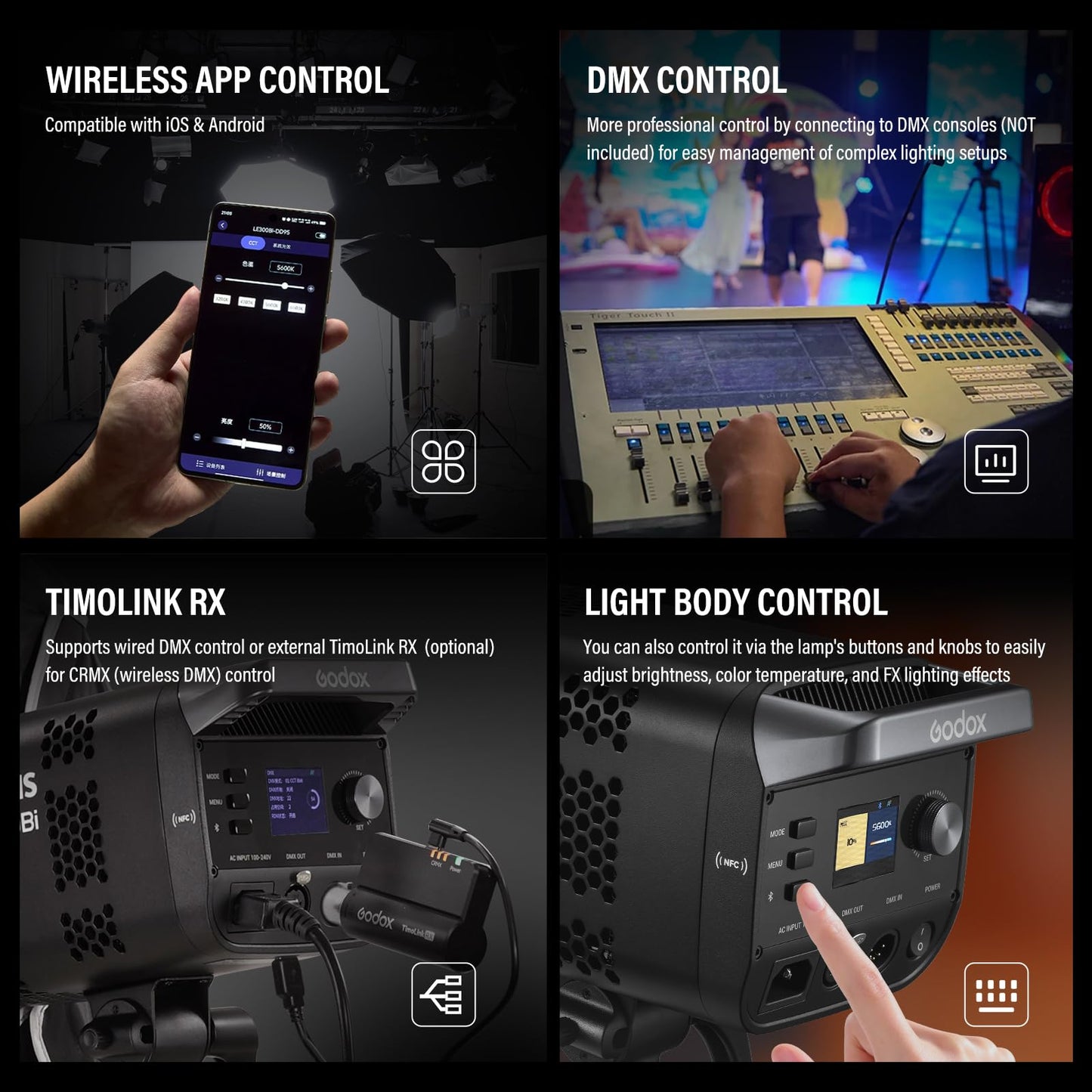GODOX 3Pack LE300Bi Light Kit, Godox Litemons LE300Bi Video Light with Softbox Light Stand, Bowens Mount, DMX/Bluetooth APP Control, NFC Connection, 2800K~6500K, 58900Lux@1m, CRI/TLCI98, 11 Fx Effects