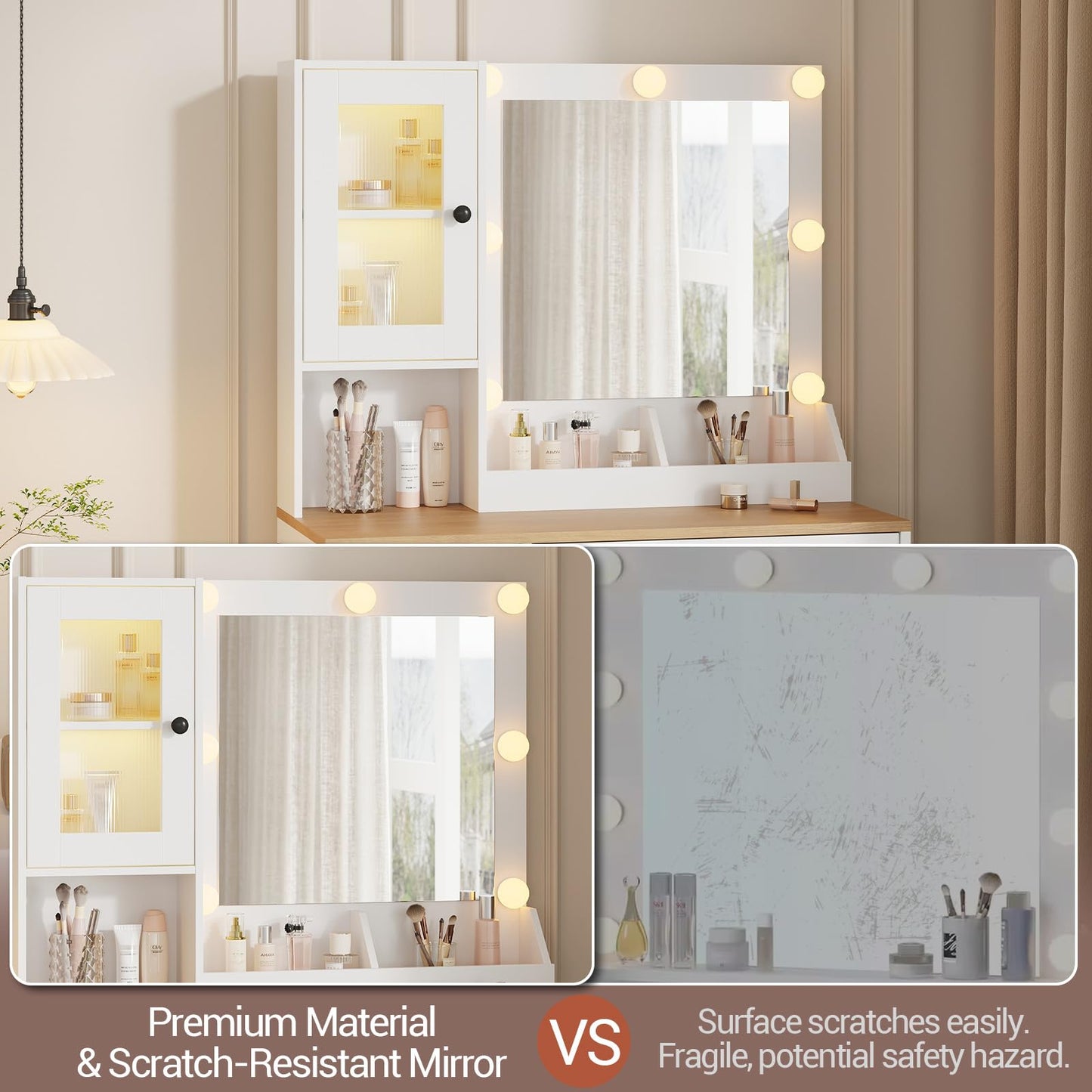 Garvee Makeup Vanity Desk with Mirror & RGB Lights - Charging Station Included - 2 Acrylic-Door Cabinets & 2 Storage Compartments - Modern Bedroom Dressing Table