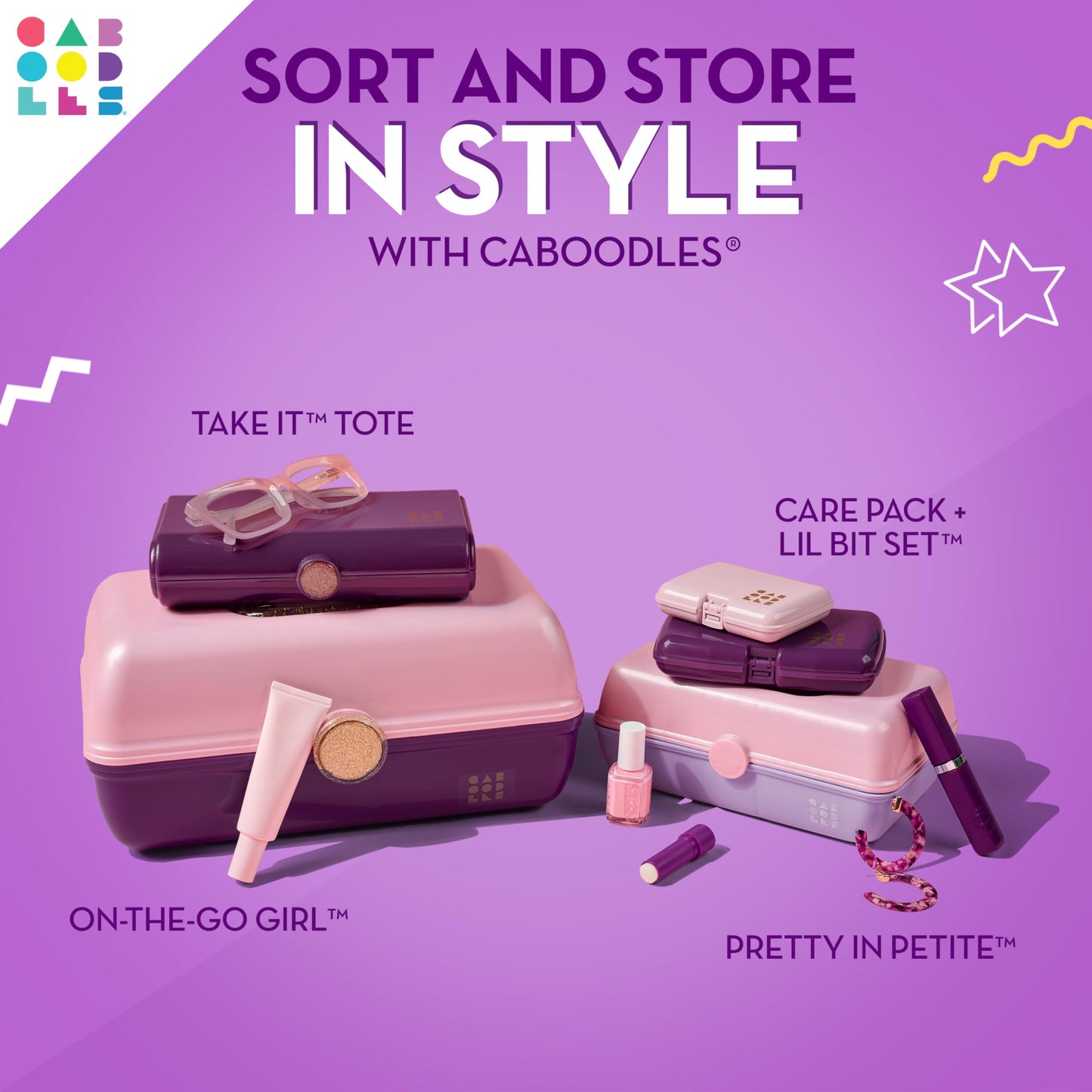 Caboodles On-The-Go Girl Makeup Box, Purple Sparkle, Hard Plastic Makeup Organizer Box, Built-In Mirror, Secure Latch for Safe Travel, Spacious Storage for Large Items