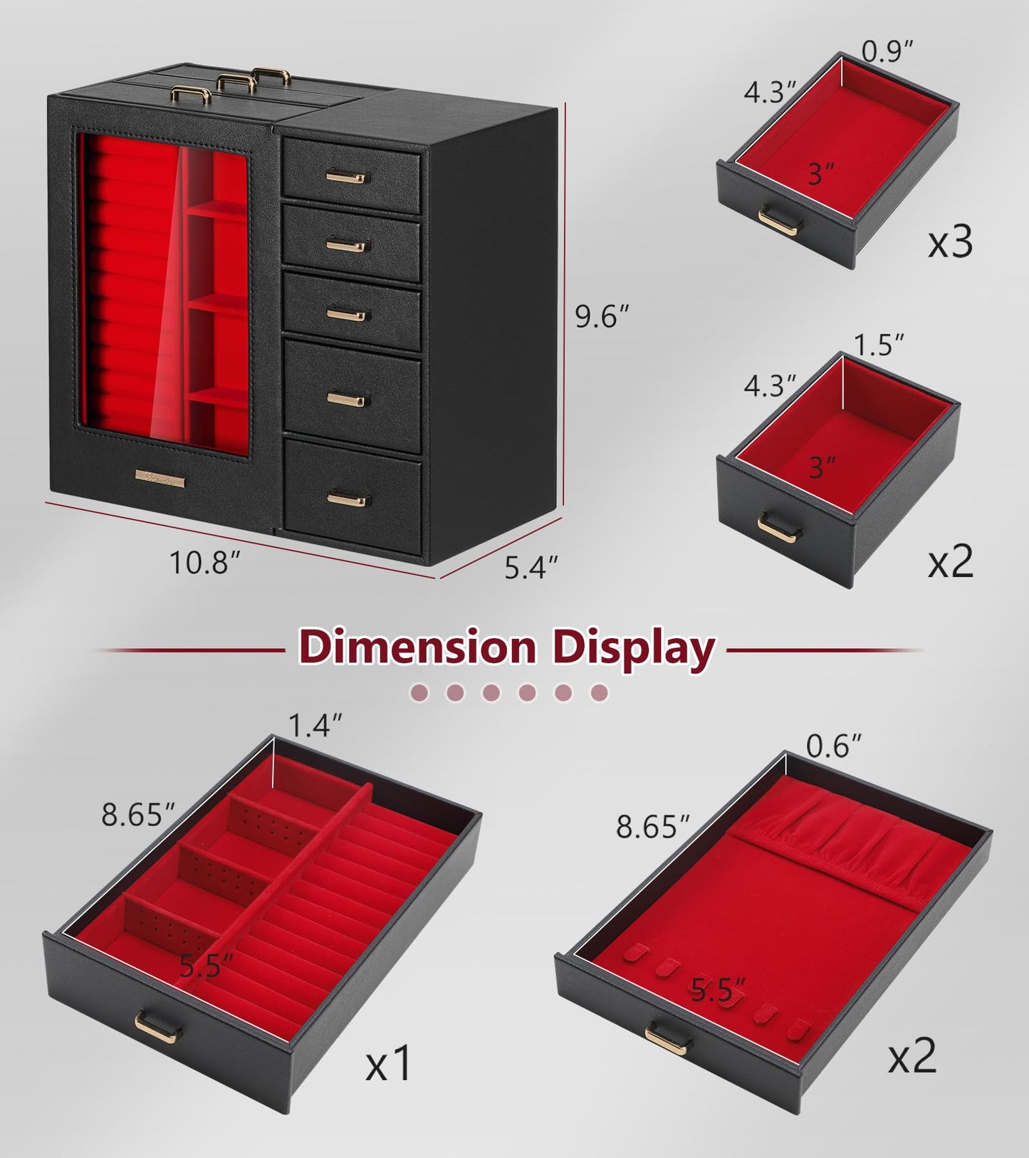 Homde Jewelry Organizer large for Dresser: Big Jewelry Box for Women - Holder with Drawers - Elegent Necklace Earring Ring Display Modern Gift (Black + Red+ Gold)