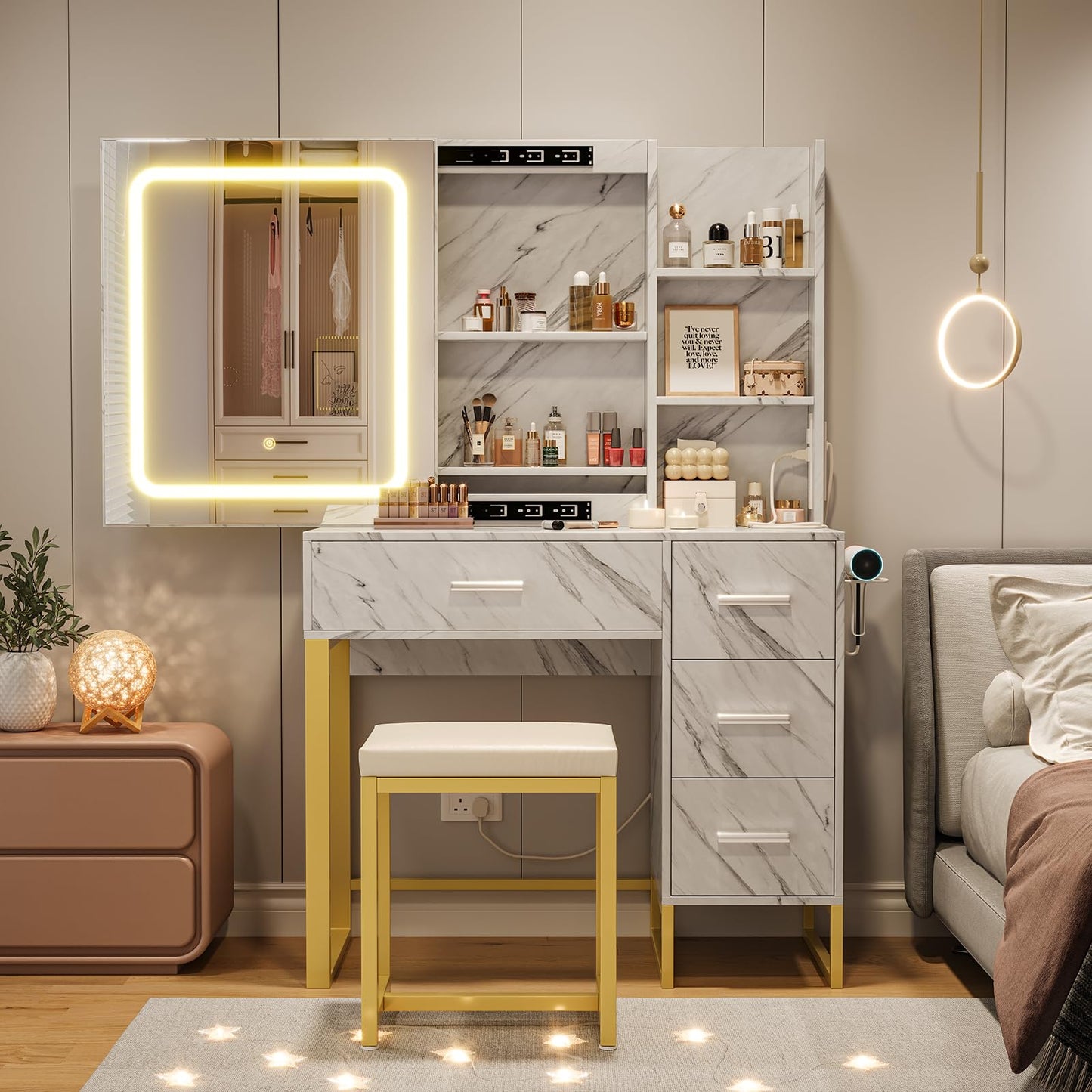 Marble White Makeup Vanity Desk with Lighted Mirror, 3 Color Modes & Power Outlets, 4 Drawers and 5 Shelves Dressing Table with Cushioned Stool, Modern Vanity Set for Women, Bedroom & Bathroom