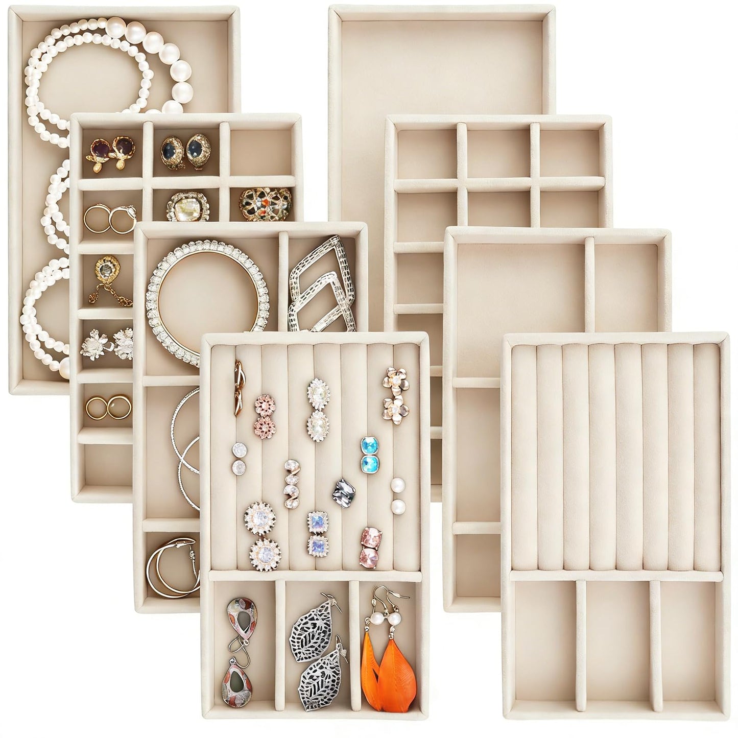 Afnkiom Jewelry Trays,Velvet Stackable Organizer Trays,Drawer Inserts Jewelry Display Case For Rings Stud Necklaces Earring Organizer Tray for Women Girls-8 Pack (Beige)