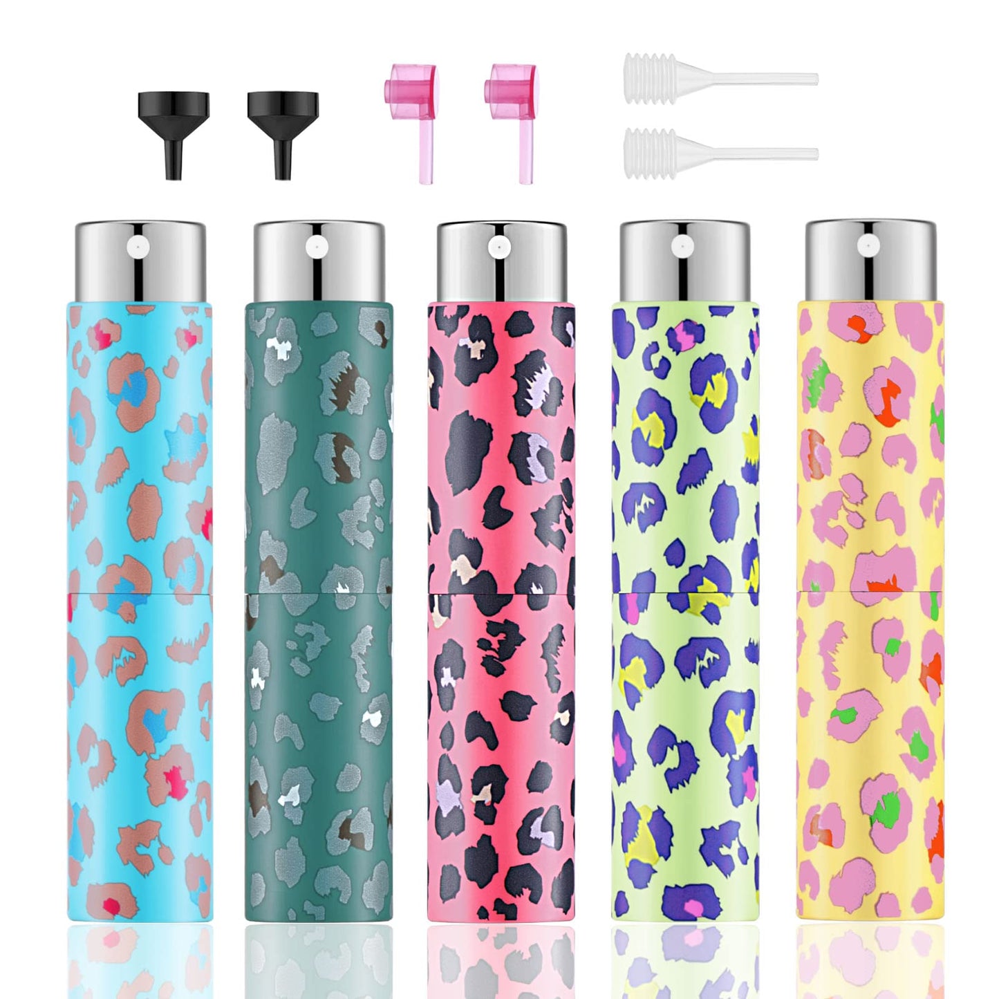 5Pcs 8ml Refillable Perfume Atomizer Bottle Set, Leak-Proof Portable Mini Perfume Spray Bottles with Funnel & Dropper, Leopard Print Travel Perfume Atomizer for Perfume, Cologne, Essential Oils