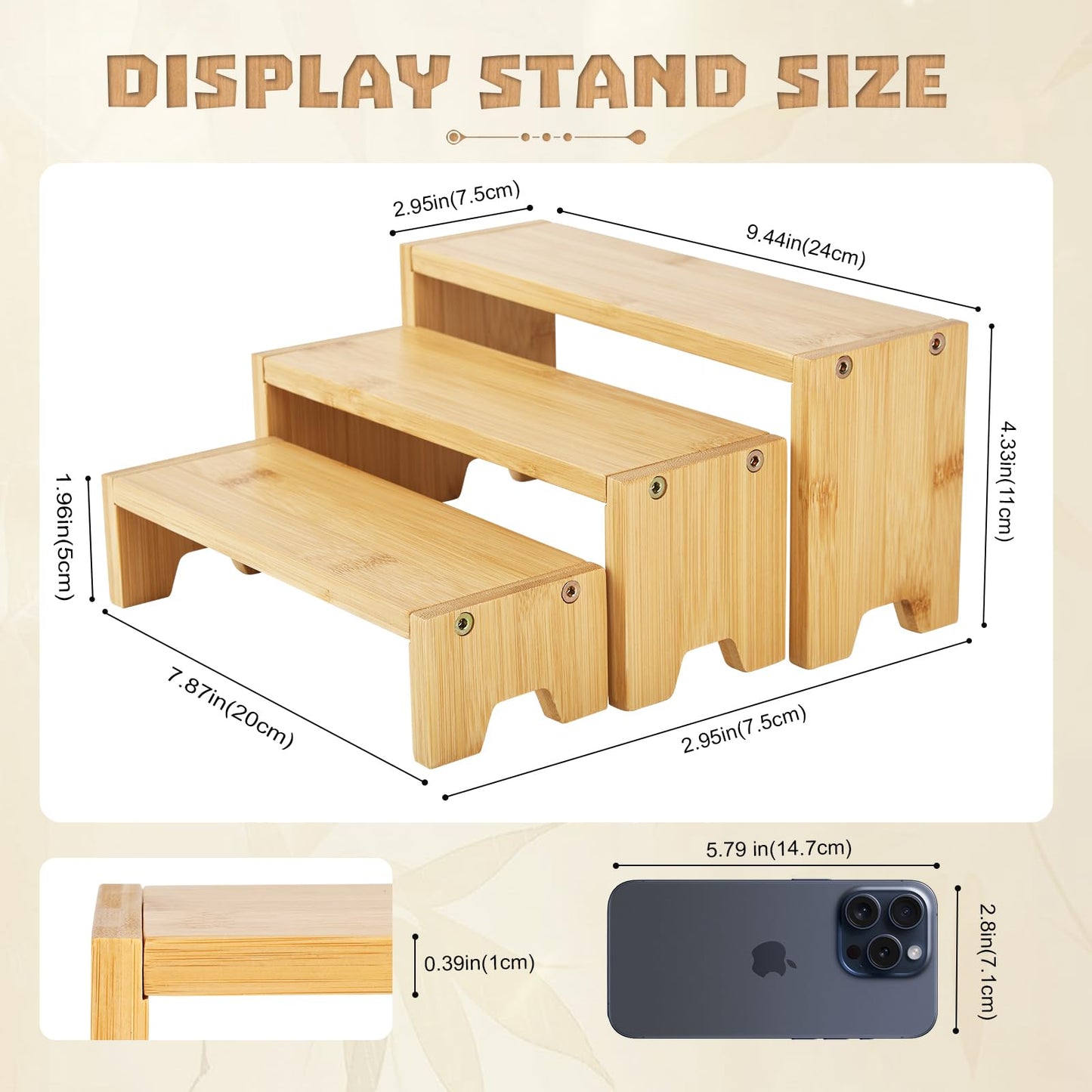 3 Tier Natural Bamboo Display Stand Risers, Exquisite Bamboo Organizer Stand for Cupcake, Perfume, Cologne, Figurine, Spice, Candle, Suitable for Table Display, Kitchen, Retail, Home Decor, Easy Installation