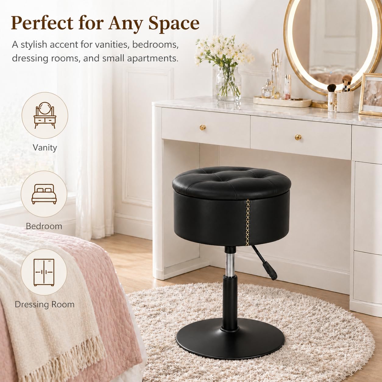 ACEQLYT 2 in 1 Adjustable Storage Vanity Stool with Flip-Over Wood Tray, 360° Swivel Vanity Chair with Storage, Small Round Makeup Stool for Vanity, Black PU Leather