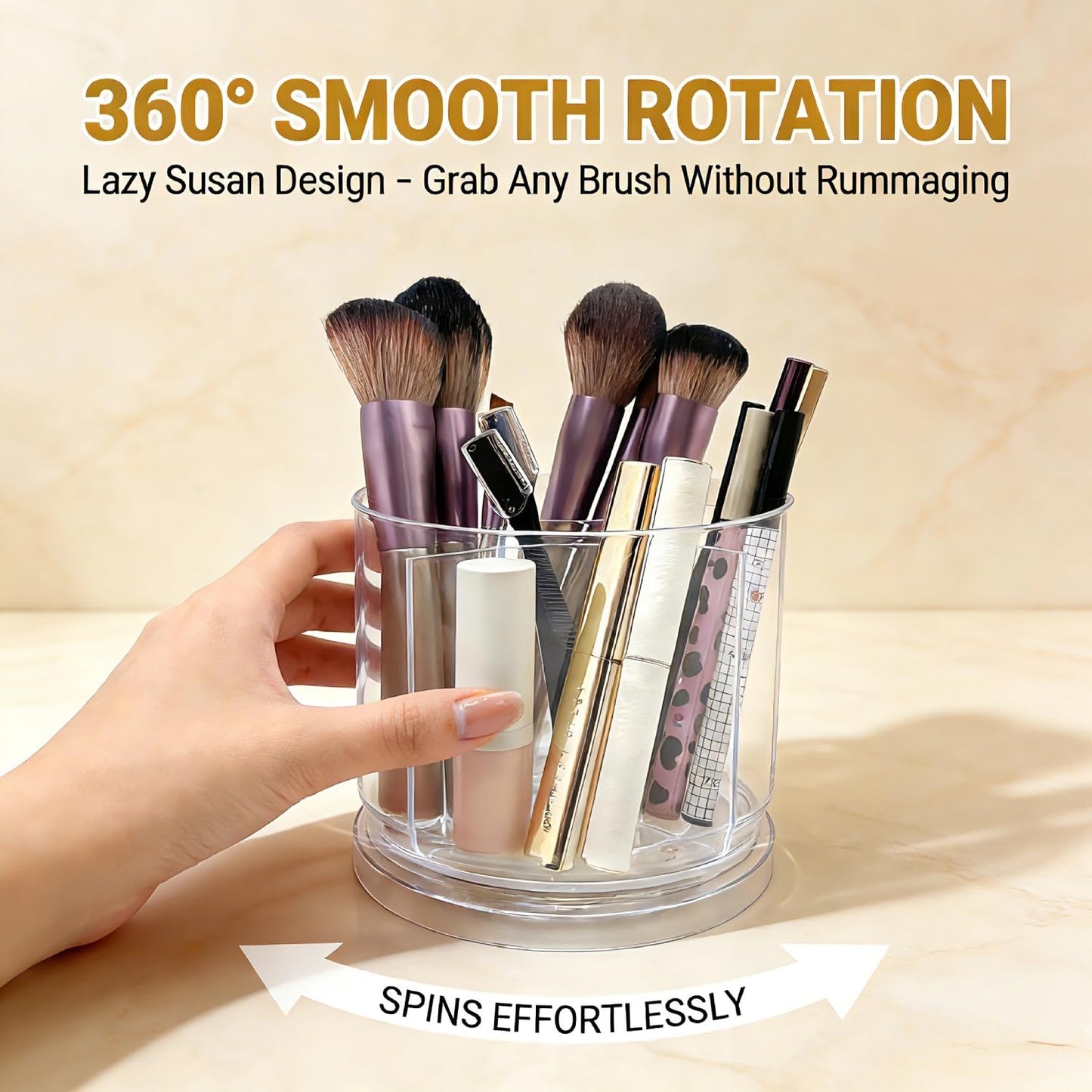 LOOENM Makeup Brush Holder 360 Rotating Makeup Brushes Organizer for Vanity, 5 Slots Makeup Organizers & Storage, Multi-Functional Pencil Pen Holder for Desk, Cosmetic Storage Container Cup (Clear)