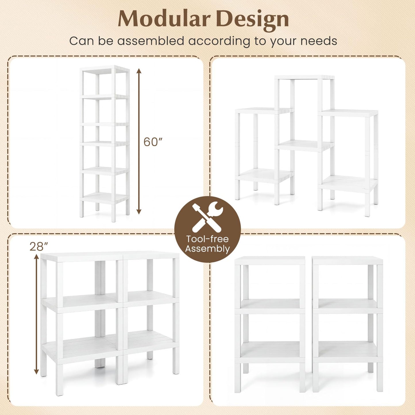 Giantex 6-Tier Plastic Modular Storage Shelves, Open Display Utility Shelving Unit, Multifunctional Plant Holder, Freestanding Storage Rack Organizer for Living Room, Bathroom and Kitchen (White)