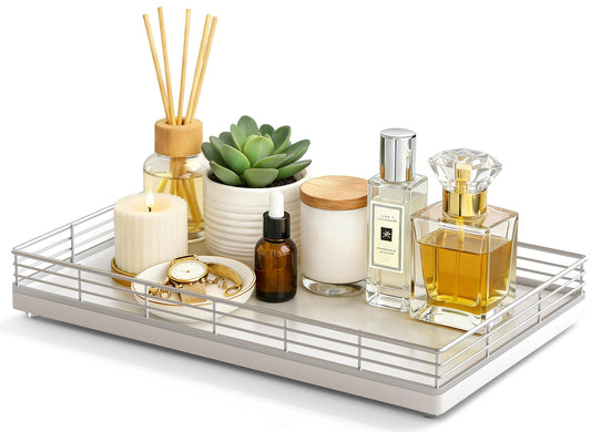 Large Bathroom Vanity Tray – 13" x 8" Oak Decorative Wooden Tray for Bathroom Countertop & Vanity Organizer, Wood Tray for Perfume, Skincare & Accessories Storage, Vanity Dresser Decor Sliver & White