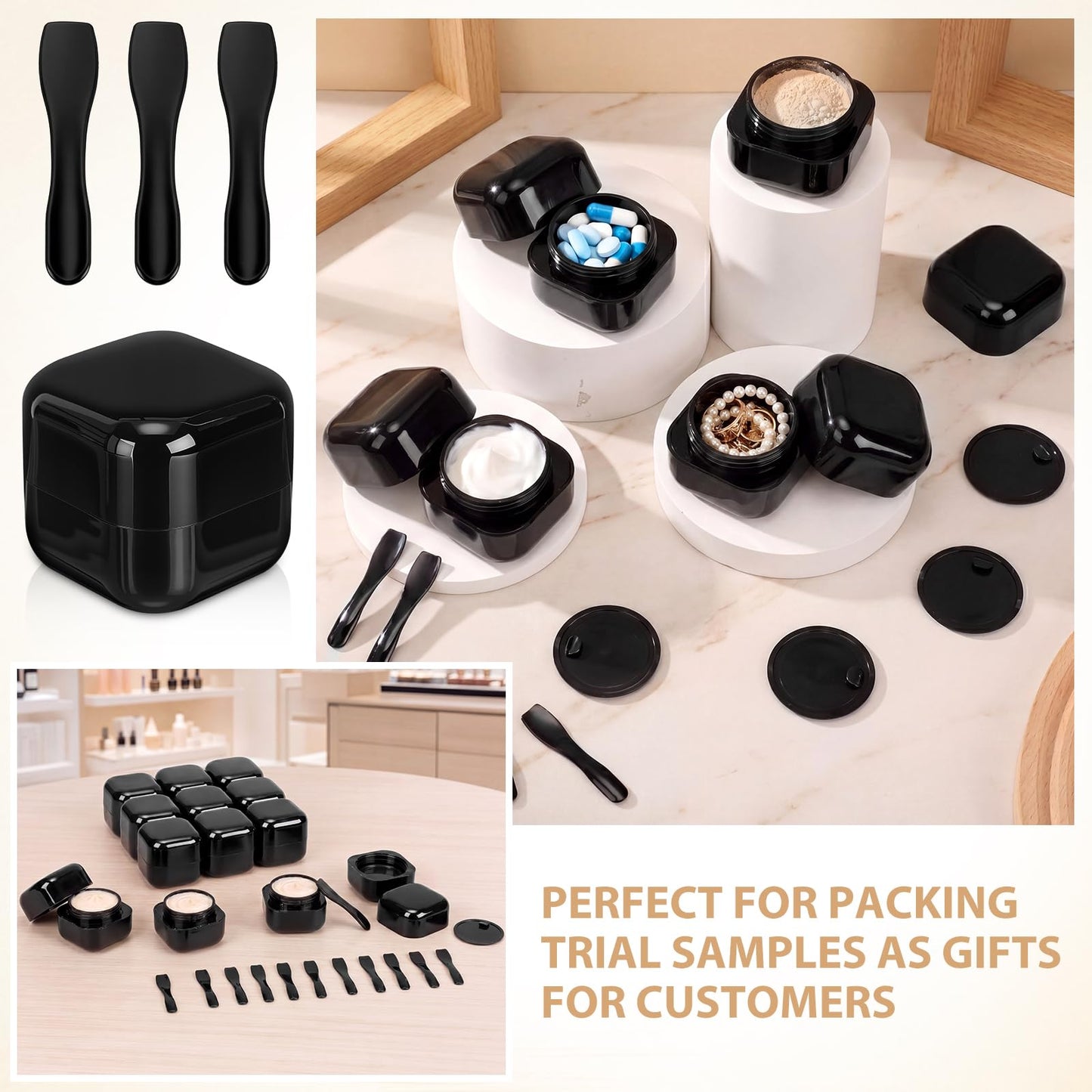 Meanplan 12 Pack Black Travel Jar Containers, 1oz Black Cosmetic Containers with Lids & Spatulas, Lotion Jars Leak-proof with Inner Liners, Portable Makeup Sample Pots for Creams, Lotions, Ointments