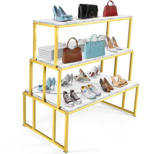CIVANA Metal Shoe Handbag Display Table，3 Tier Heavy Duty Risers Display Stands，Modern Standing Display Riser Shelf for Retail Stores Vendor Events , Iron and Wood, Gold