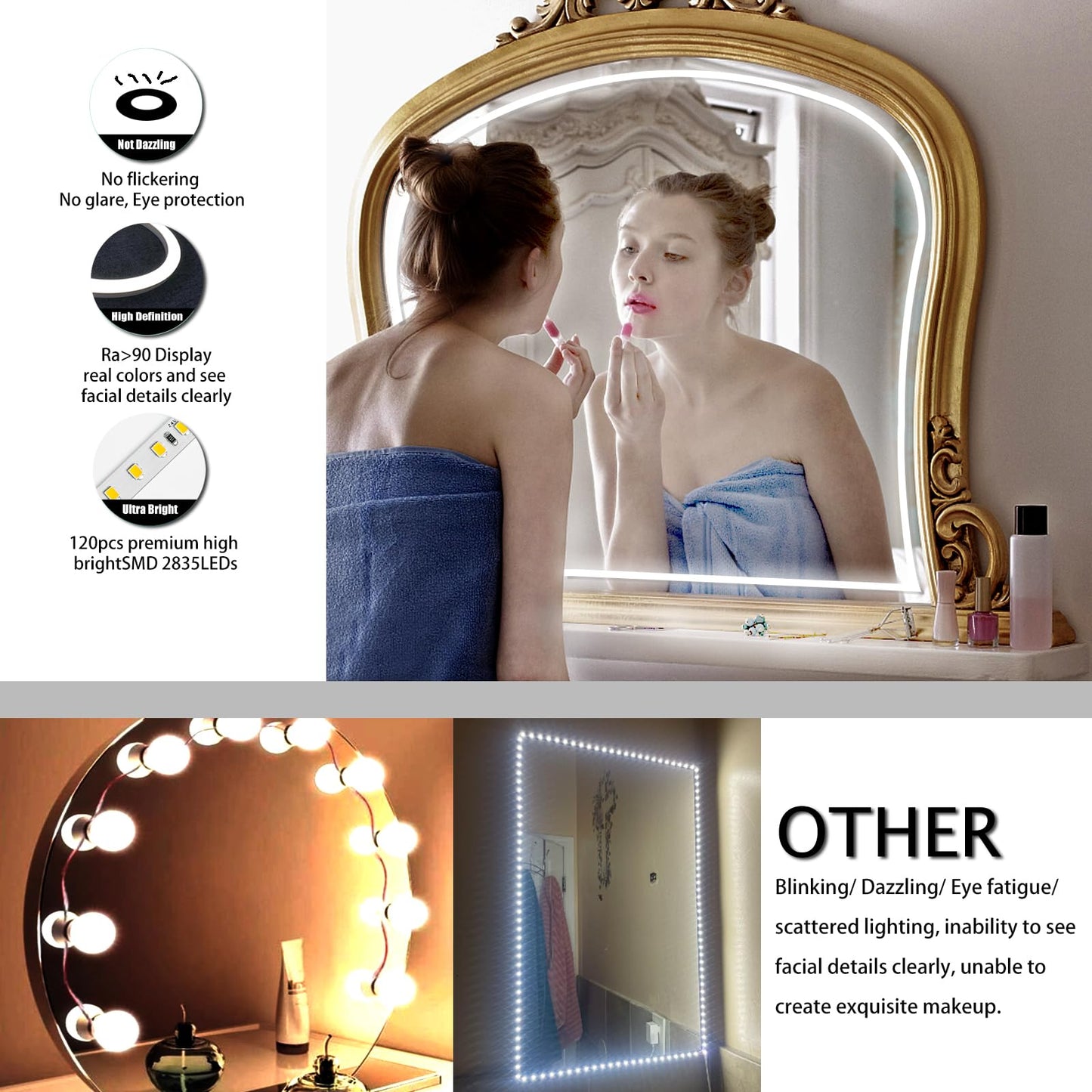 Blikshin LED Vanity Mirror Lights, Hollywood Style Makeup Lighting, 10FT/6000K/Dimmable/12V Adapter/Self-Adhesive Strip Lights for Mirror, Lighting for Makeup Vanity Table & Bathroom Mirror