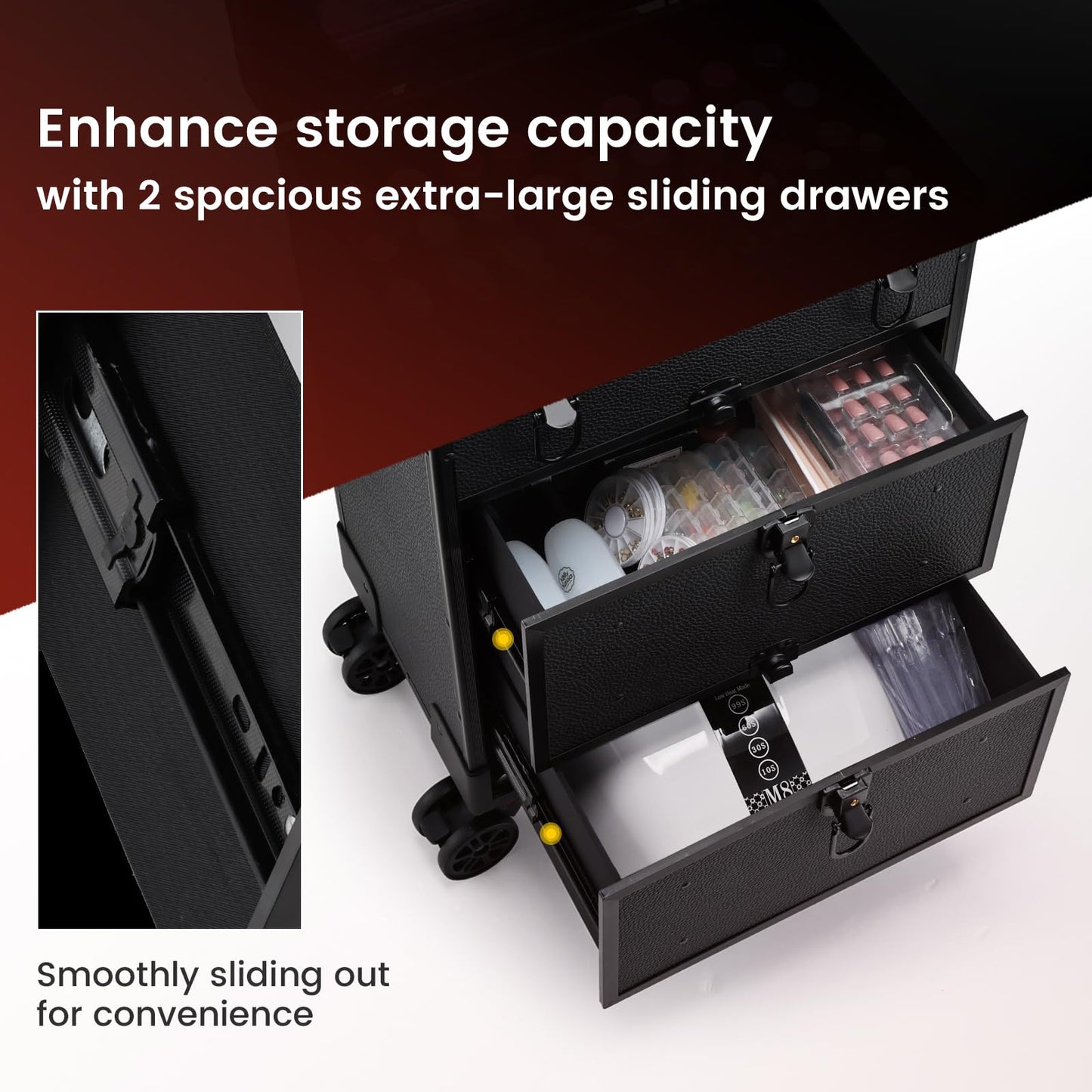 Professional 3 in 1 Rolling Makeup Case Cosmetology Case on Wheels 2 Large Drawer Nail Case Trolley Traveling Cosmetic Train Case with Makeup Pouch for Artists Nail Technician Salon Cart Trunk Black