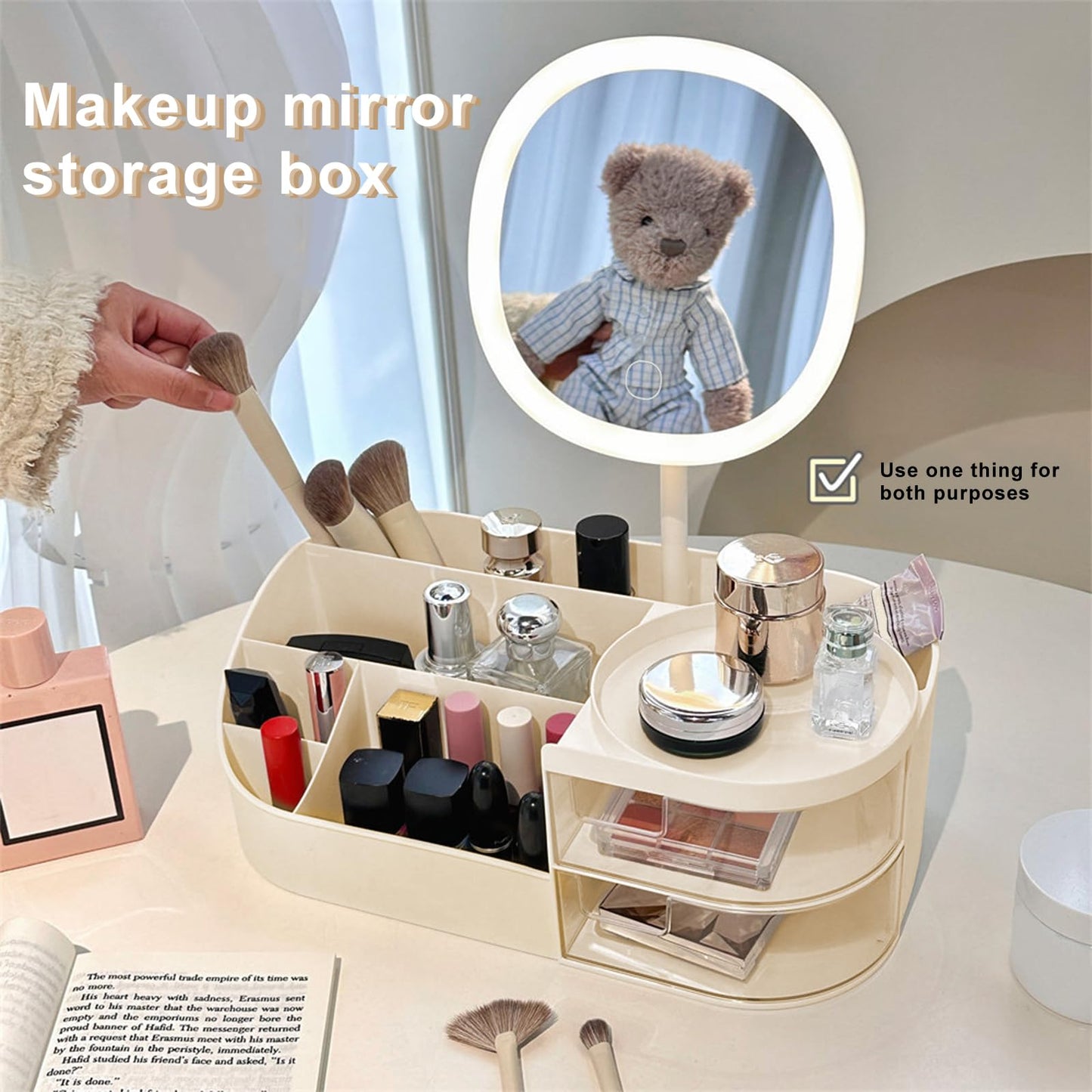 DASITON Makeup Organizer with Rechargeable Mirror,Makeup Brush Holder with 2 Drawers,Skincare and Cosmetics Organizer Countertop,Large Capacity Cosmetic Display Case for Vanity,Bedroom,Bathroom(Cream)