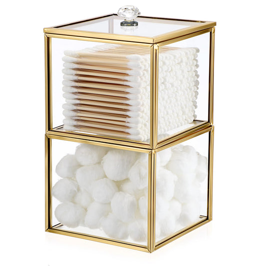 Hipiwe Glass Qtip Holder Dispenser with Lid 2-Tier Stackable Bathroom Containers Cotton Ball & Swab Holder Vanity Organizer Jars Gold for Makeup Pads