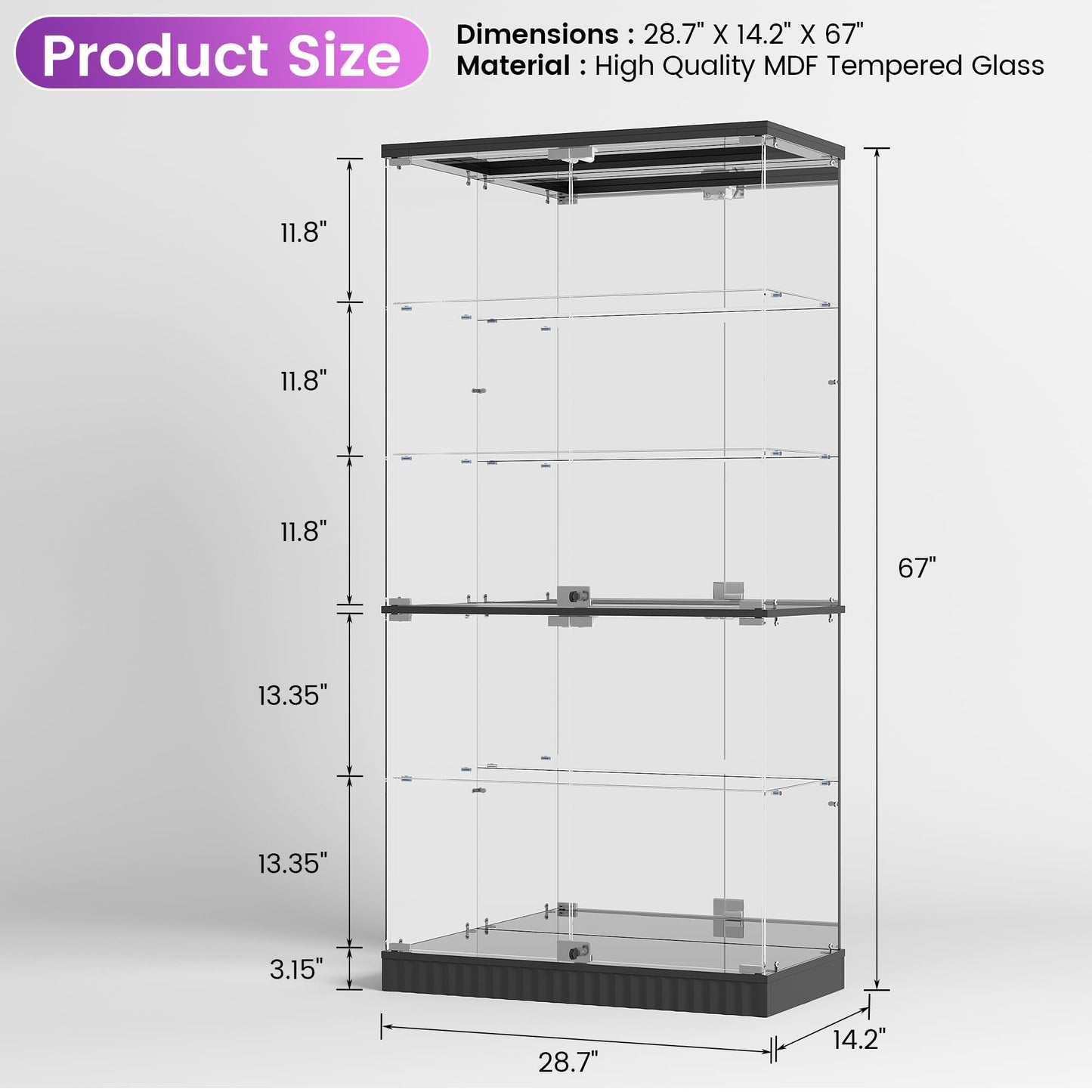 JDPAG 67" Glass Display Cabinet with RGB Lights for Collectibles, Dual Lockable 5-Tier Curio Cabinet with Glass Doors, Lighted Display Case with Motion Sensor for Action Figures/Models/Trophy, Black