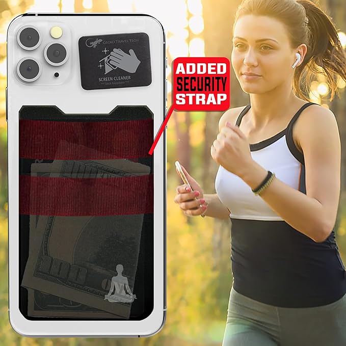 Gecko Travel Tech Double Pocket - Adhesive Card Holder - Cell Phone Pouch - Stick on Spandex Pocket - Carry Credit Cards and Cash (YOGA)