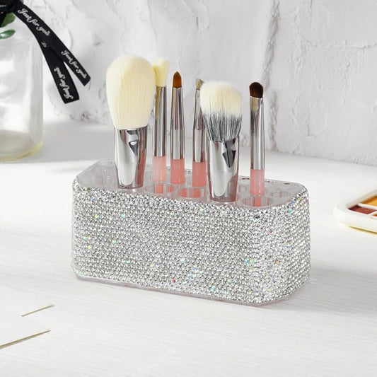 Bestbling Bling Acrylic 26-Slot Makeup Brush and Pen Organizer Display Stand for Eyebrow Pencils, Ballpoint Pens, Eyeliners, and More(Silver)