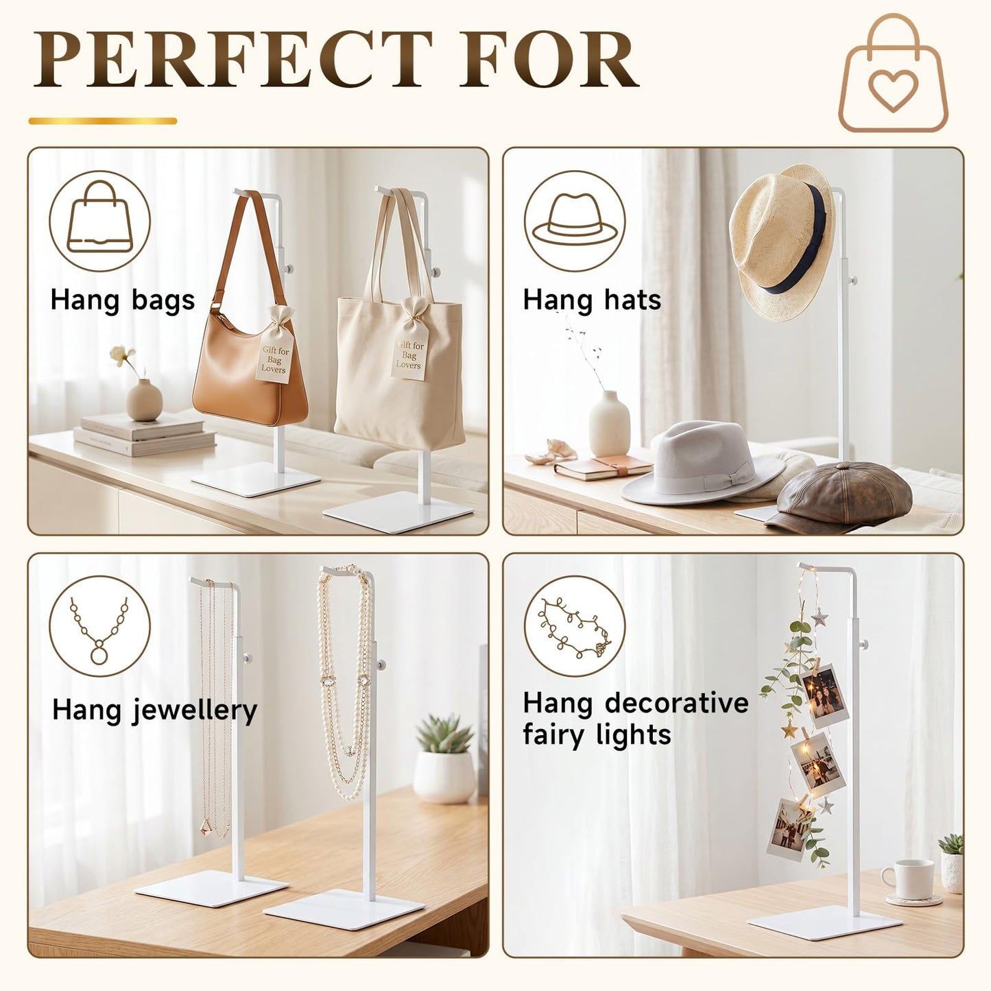 Ferrochef 6 Pack White Purse Stand Holder Handbag Display Stand Adjustable Stainless Steel Hanger Rack for Tabletop, Closet, Desk, and Retail Use for Vendors