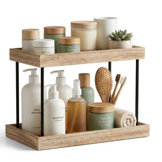 WOPITUES Bathroom Counter Organizer,2 Tier Perfume Organizer,Wooden Bathroom Organizers and Storage for Makecup Perfume Skincare,Countertop Organizer in Kitchen,Bedroom,Coffee Bar,Rustic Brown