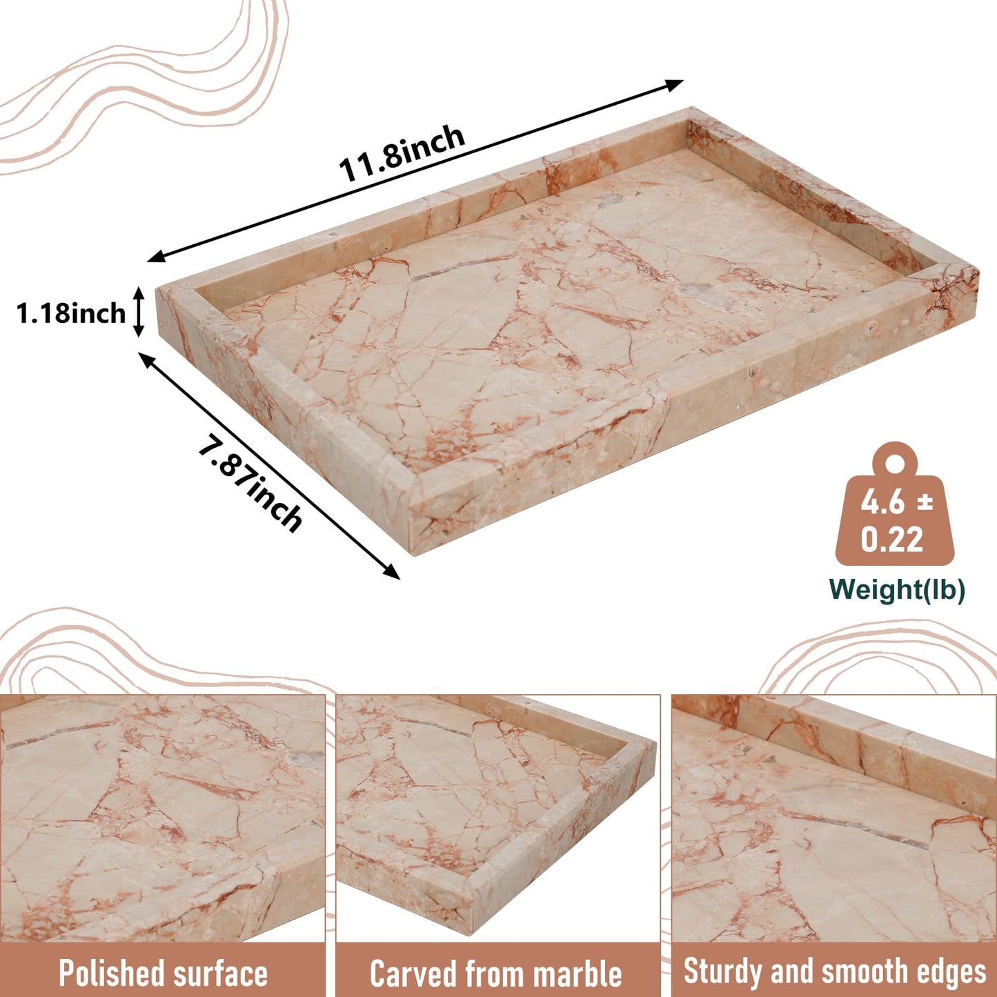 MULWR Marble Bathroom Tray,Pure Natural Vanity Tray,Marble Trays for Kitchen Counter Non-Ceramic/Non-Resin,Stone Tray 12 x 8 inch (Pink) ﻿