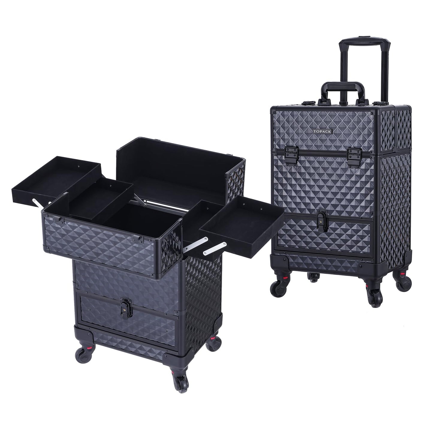 TOPACK Rolling Makeup Train Case,360°Rotaing Wheel Aluminum Cosmetic Case with Trolley 4-Tray for Tattoo/Barber/Nail Tech Travel Cart Organizer 13.1 * 9.8 * 18.3in BLACK (BLACK)