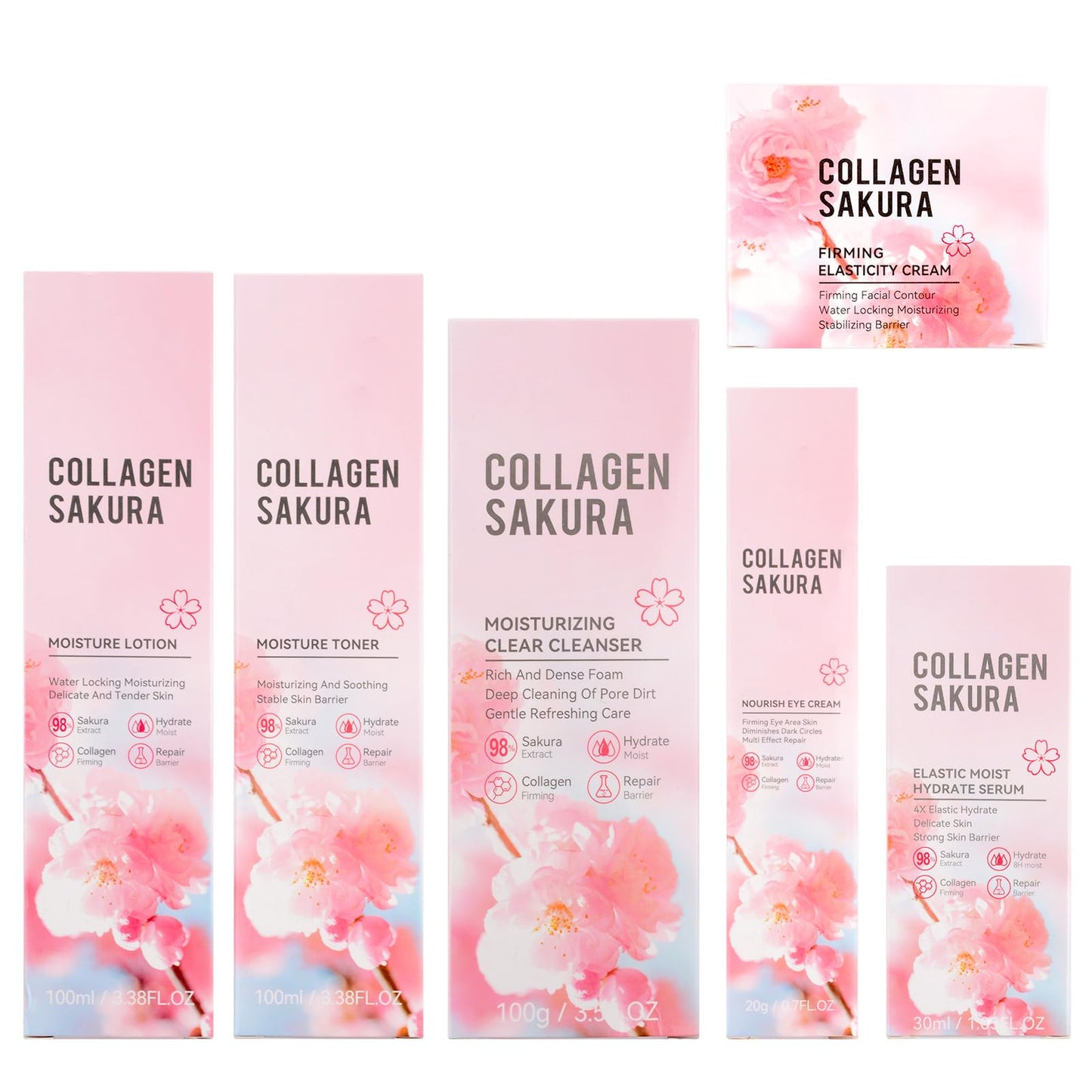 Sakura Skin Care Set, Cherry Blossom Skincare Set for Teen Girls, Hydrate & Repair Skin, 6 Pcs Individually Packaged Collagen Skin Care Kits with Cleanser, Toner, Lotion, Serum, Cream & Eye Cream