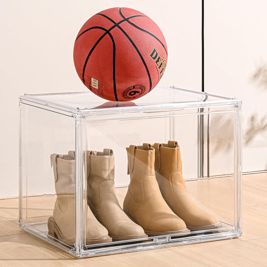 VGLXTRNT XXX-Large Clear Display Case 17.7" x 13" x 13" Extra Large Display Organizer Box with Magnetic Door, Stackable Acrylic Storage Bin for Boots, Shoes, Collectibles, Bags, Figures