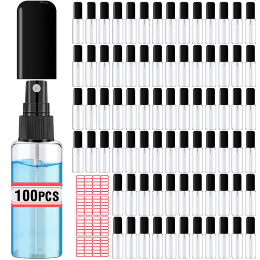 DupakSYS 100 Pack 2oz/55ml Plastic Small Spray Bottles Mini Travel Spray Bottle with Black Cap Empty Fine Mist Spray Bottles Refillable Liquid Container for Perfumes Travel Makeup