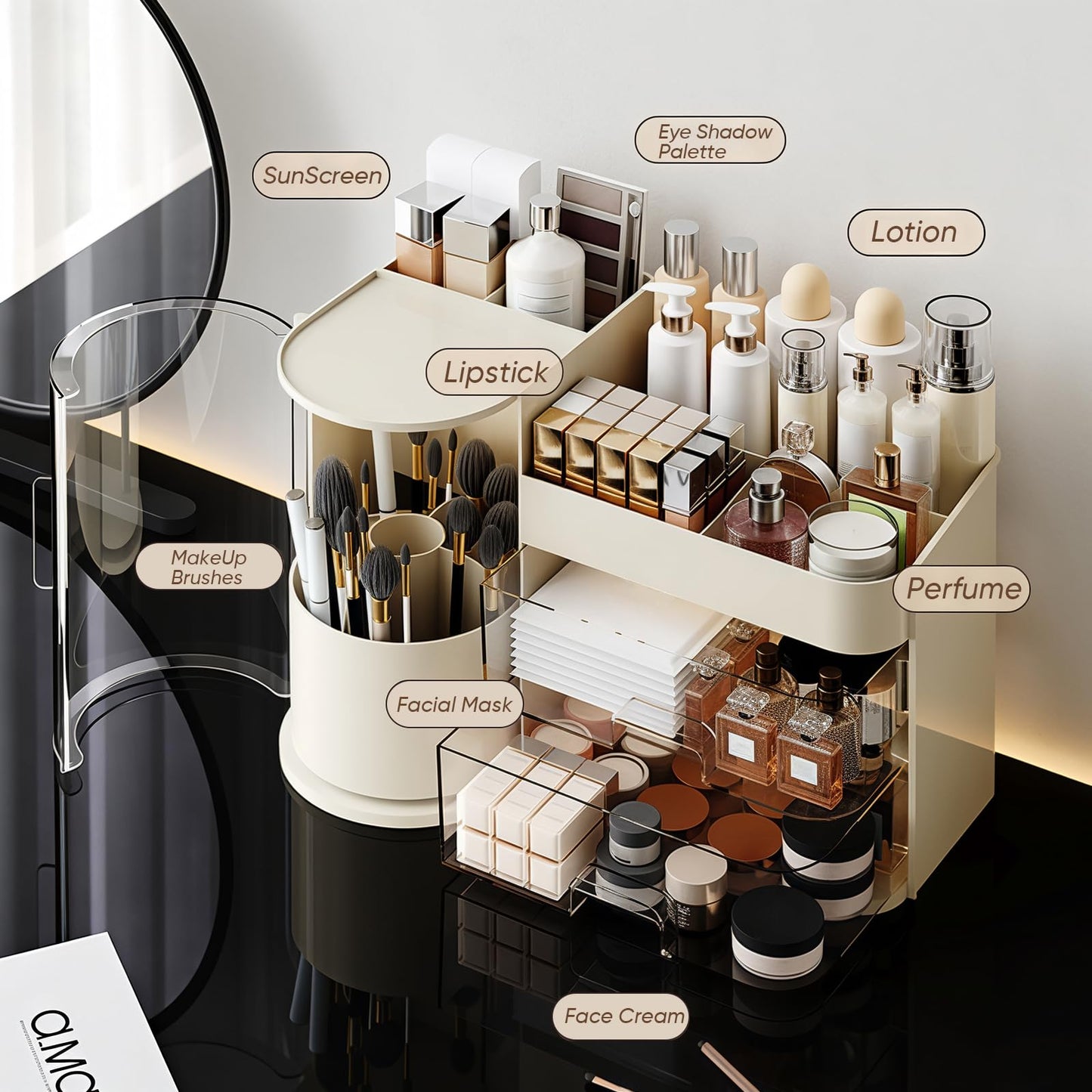 TIMBERHIDE Makeup Organizer,Rotating Cosmetic Storage Organizer with Drawers,Large Capacity Makeup Brush Holder,Skincare Vanity Organizer for Bathroom Countertop,Cream.
