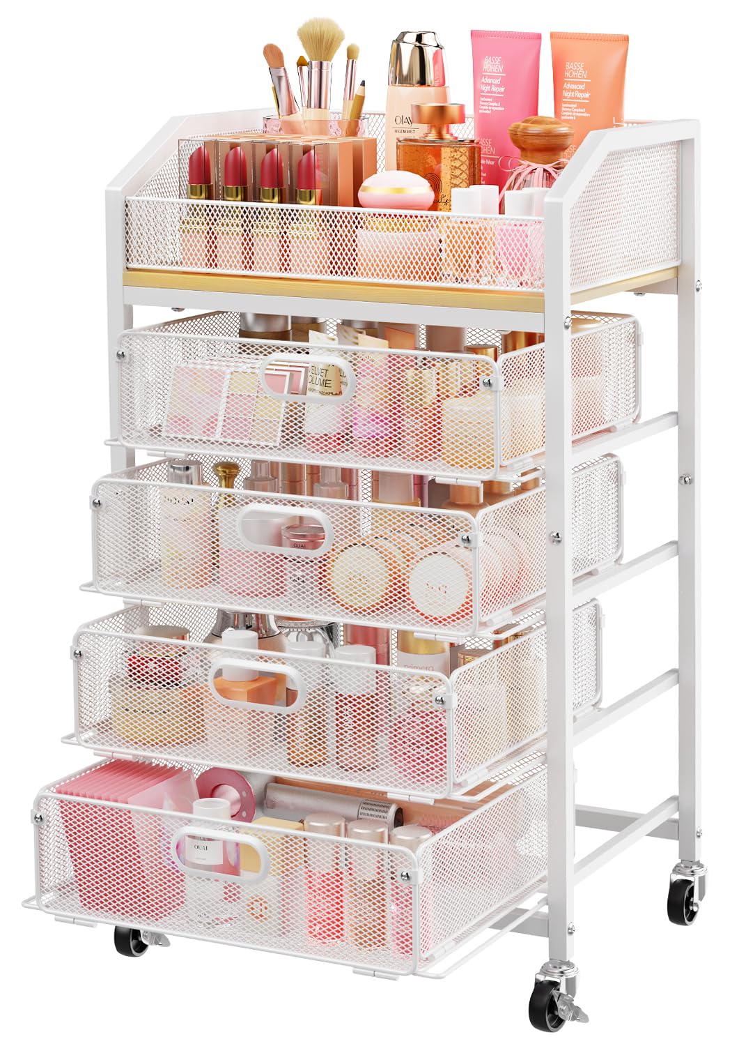 SUNALLY Makeup Organizer Cart with 4 Drawers, Rolling Makeup Storage Cart Metal Skincare Organizers, Large Vanity Storage Organizer Cosmetics Display Cases for Skin Care Perfume Nail Polish, White
