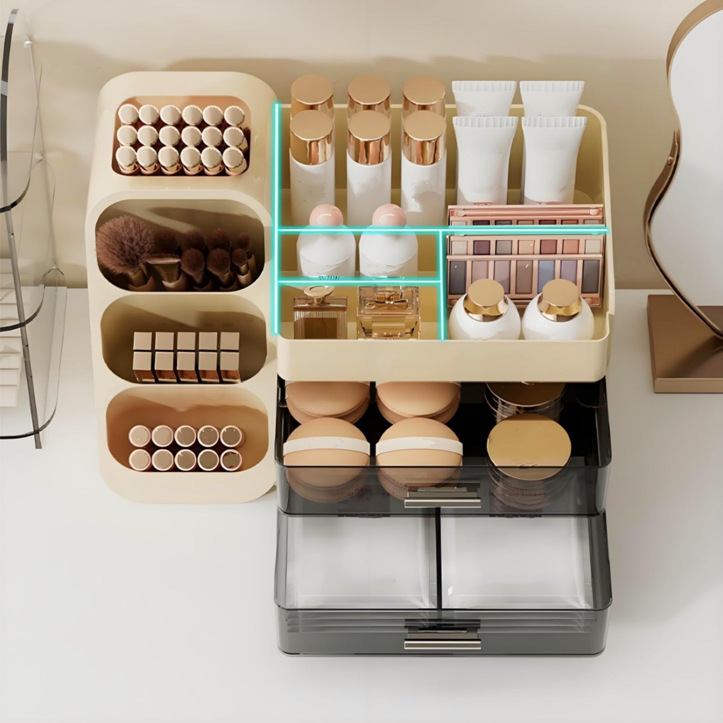 Covzoe Large Makeup Organizer with Brush Holder, Spacious Cosmetics Display Case with Drawers for Vanity, Skin Care Storage Solution for Lipstick Beauty Essential Bathroom Countertop