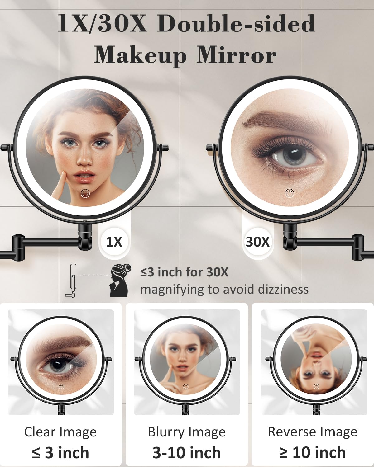 30X/1X Wall Mounted Lighted Makeup Mirror, 9'' Height Adjustable Double Sided 5000mAh Rechargeable Magnifying Bathroom Mirror with Light, 3 Color Modes Touch Dimmable Extended Arm 360 Rotation