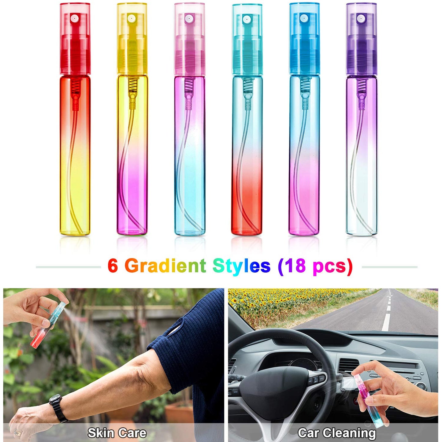 Patelai 18 Pieces 8 ml Mini Perfume Spray Bottles Atomizer Portable Travel Mister Refillable Empty Container Colorful Glass Bottles for Cleaning, Travel, Essential Oils, Perfume, 6 Gradient Colors