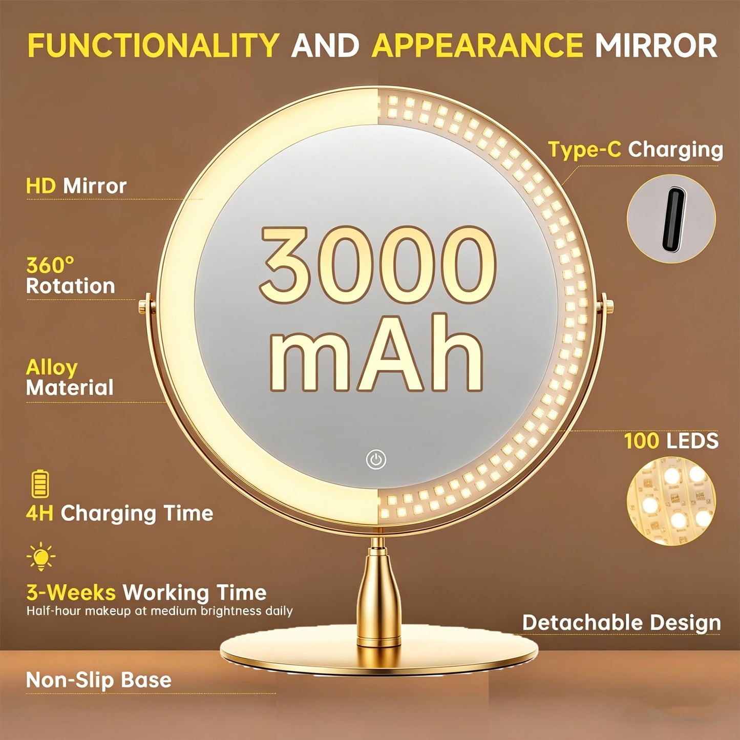 DEXHOM 12" Extra Large Lighted Makeup Mirror, 1X/10X, 2-Sided Magnifying Mirror with 96 LEDs, 3 Color Dimmable Lights, 360° Swivel, LED Vanity Mirror, Gold - Great Gift