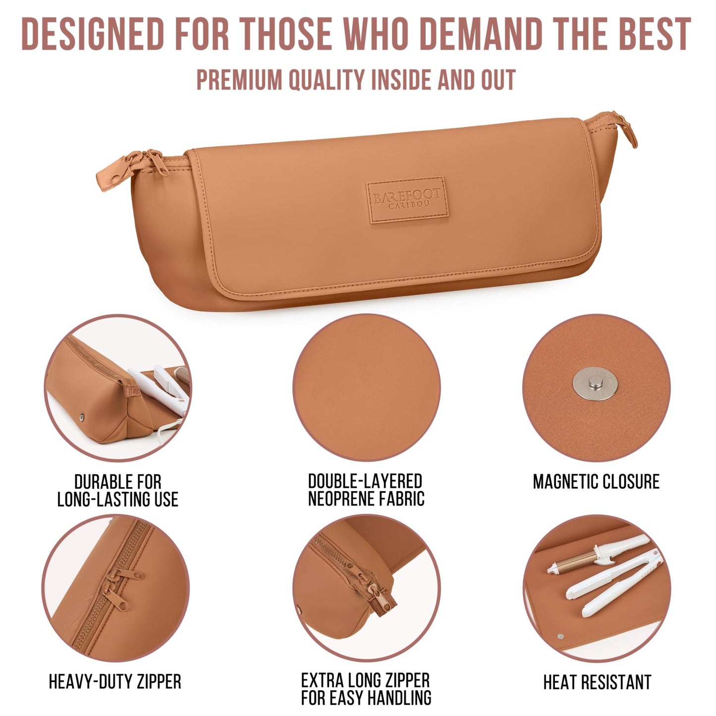 BAREFOOT CARIBOU Hair Tools Travel Bag and Heat Resistant Mat (15.5") for Flat Irons, Straighteners, Curling Iron, Haircare Accessories, 2-in-1 design, Interior Pockets, Portable Organizer (Brown)