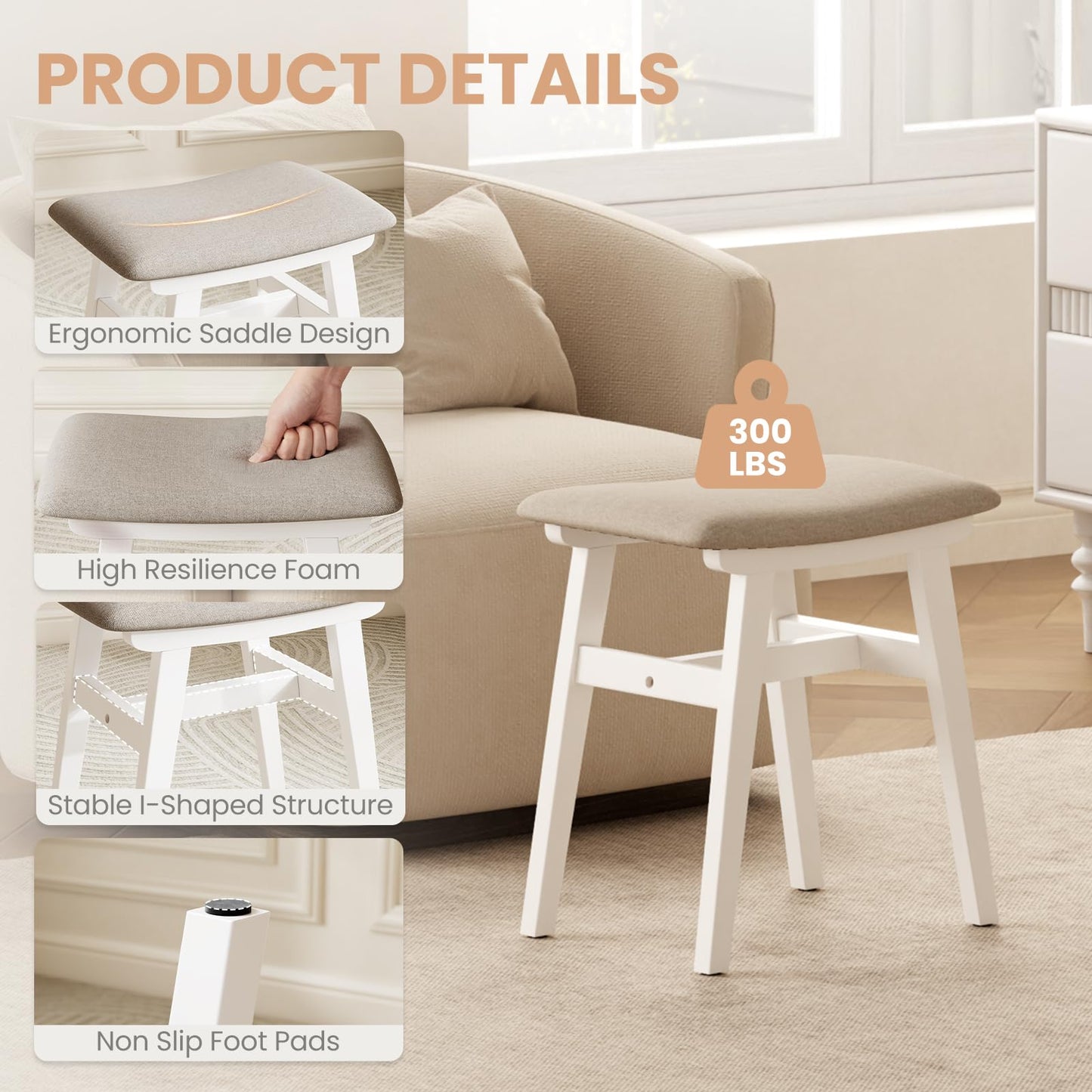 DONGMUWUJEE Solid Wood Small Vanity Stool Chair, Makeup Stools for Vanity Desk, Bathroom Vanity Chair, Padded Foot Stool for Living Room, Ottoman Foot Rest for Couch, Small Bench for Entryway, White