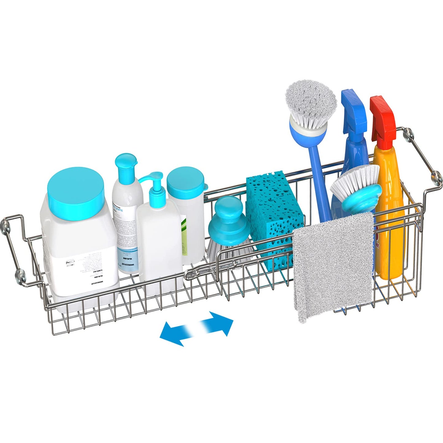 FavoThings Over The Kitchen Sink Caddy Sponge Holder Organizer Drying Rack Expandable for Sponge Brush Soap Dish Cloth Rag Smaller 14.5" to 22", Stainless Steel